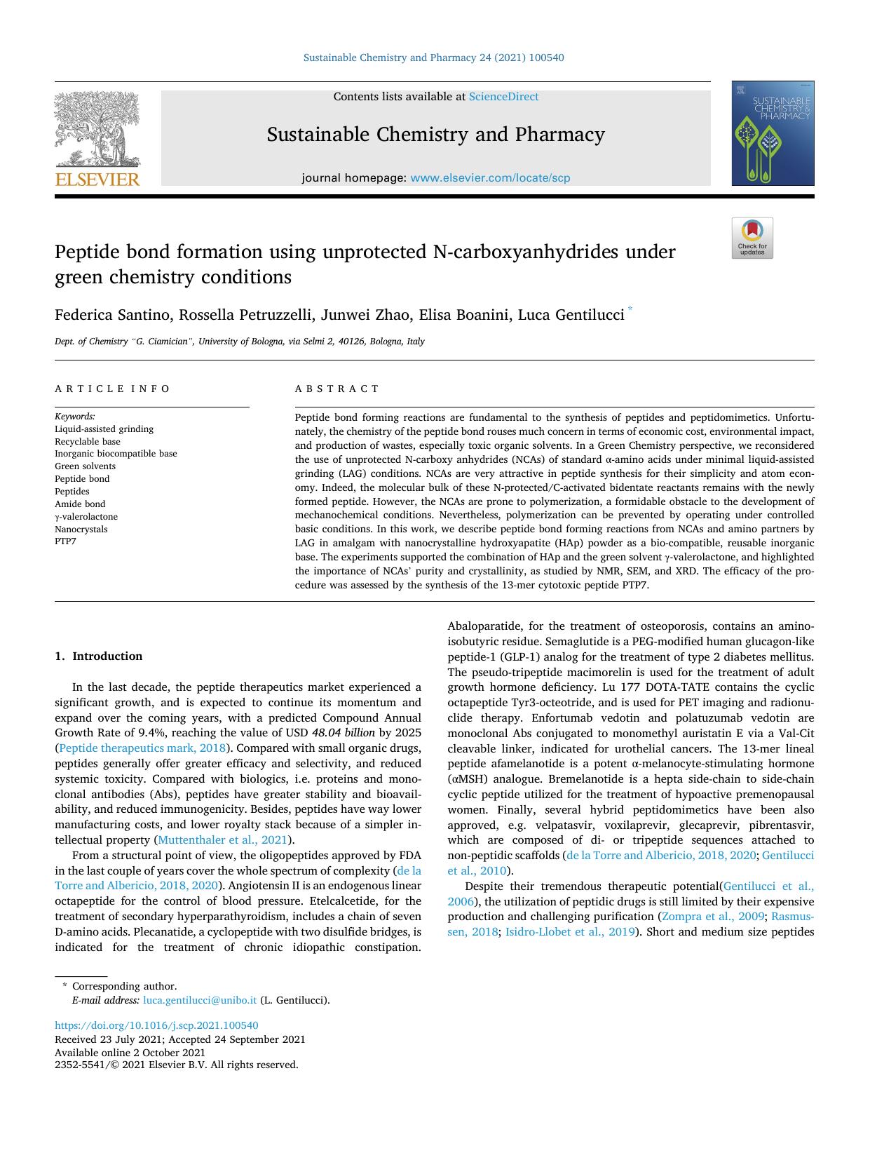 Peptide bond formation using unprotected N-carboxyanhydrides under green chemistry conditions by Federica Santino & Rossella Petruzzelli & Junwei Zhao & Elisa Boanini & Luca Gentilucci