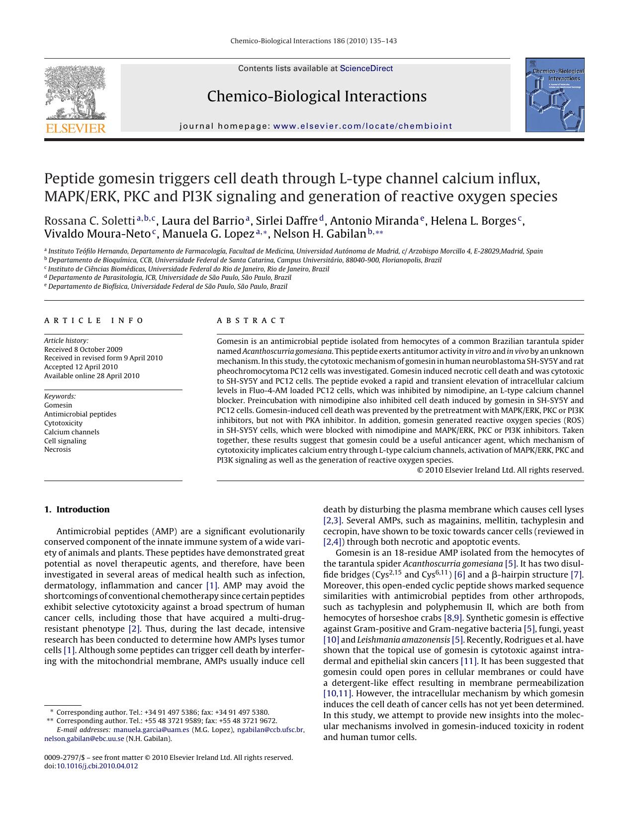 Peptide gomesin triggers cell death through L-type channel calcium influx, MAPKERK, PKC and PI3K signaling and generation of reactive oxygen species by unknow