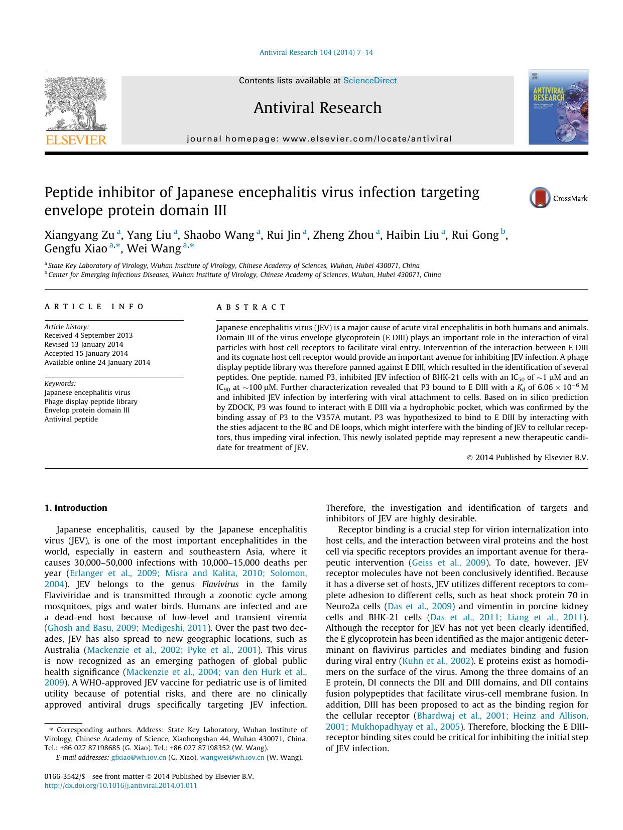 Peptide inhibitor of Japanese encephalitis virus infection targeting envelope protein domain III by unknow