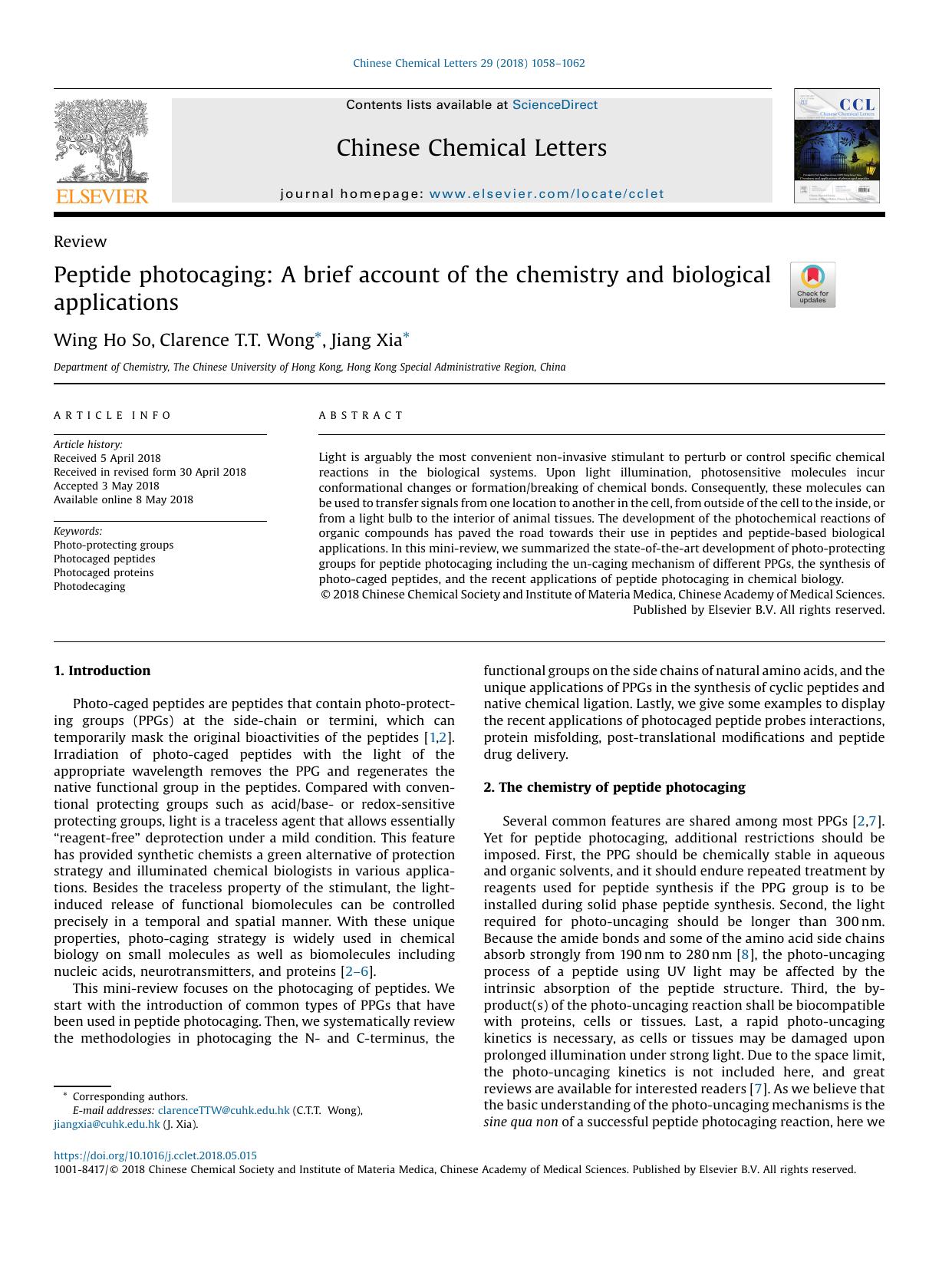 Peptide photocaging: A brief account of the chemistry and biological applications by Wing Ho So & Clarence T.T. Wong & Jiang Xia