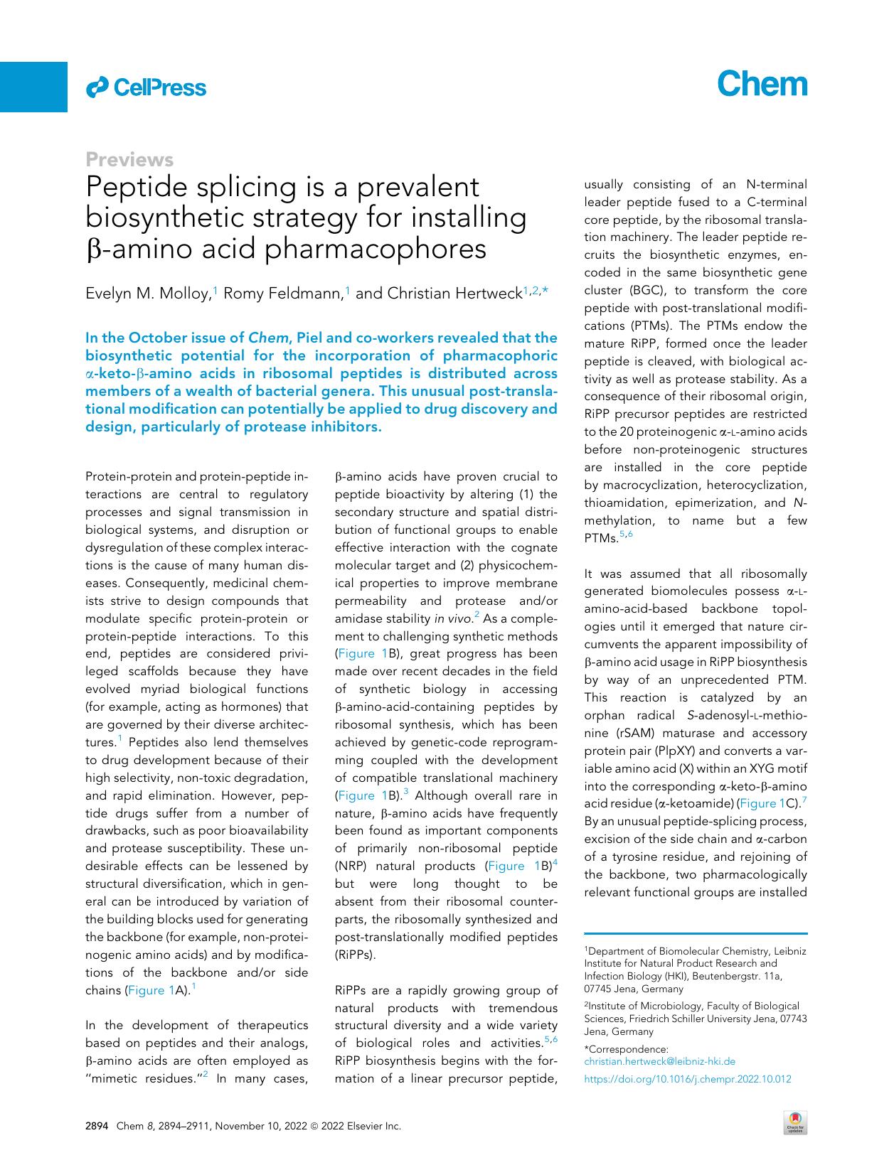 Peptide splicing is a prevalent biosynthetic strategy for installing &beta;-amino acid pharmacophores by Evelyn M. Molloy & Romy Feldmann & Christian Hertweck