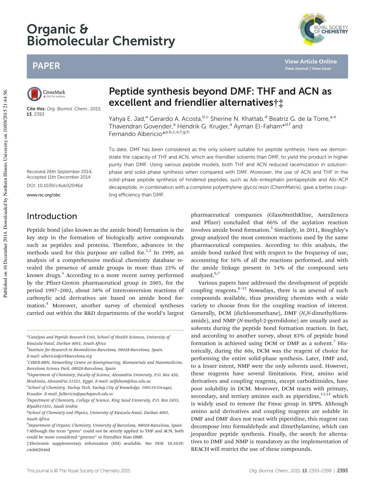 Peptide synthesis beyond DMF: THF and ACN as excellent and friendlier alternatives by unknow