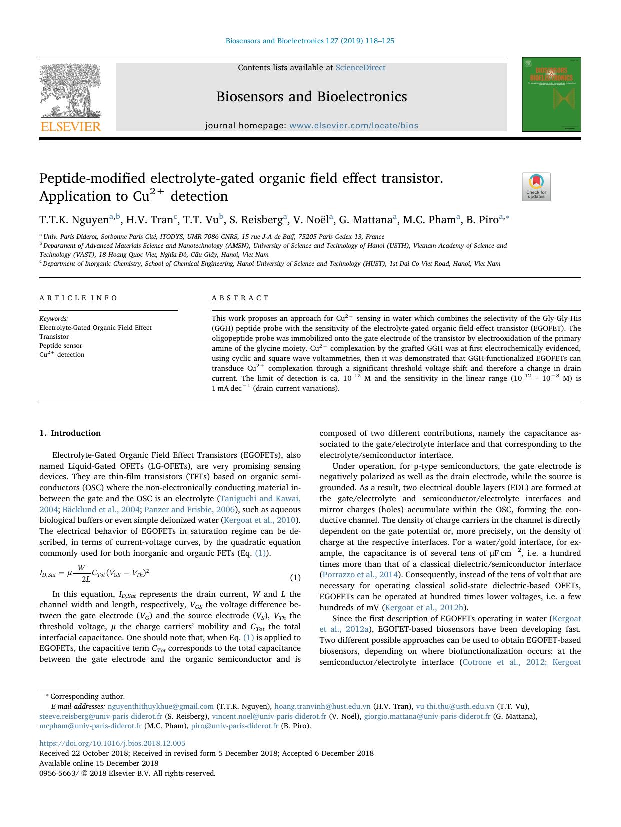 Peptide-modified electrolyte-gated organic field effect transistor. Application to Cu2+ detection by T.T.K. Nguyen & H.V. Tran & T.T. Vu & S. Reisberg & V. Noël & G. Mattana & M.C. Pham & B. Piro