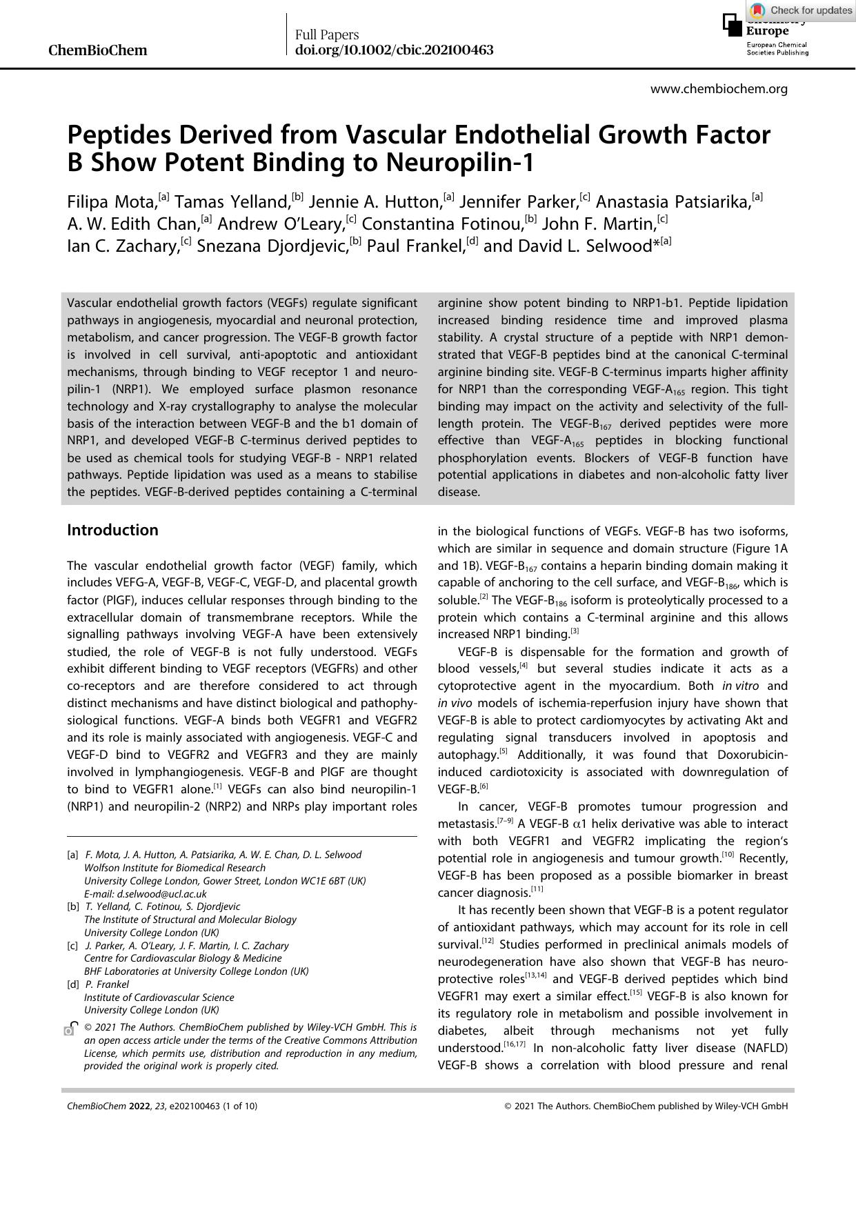 Peptides Derived from Vascular Endothelial Growth Factor B Show Potent Binding to Neuropilinâ1 by Unknown