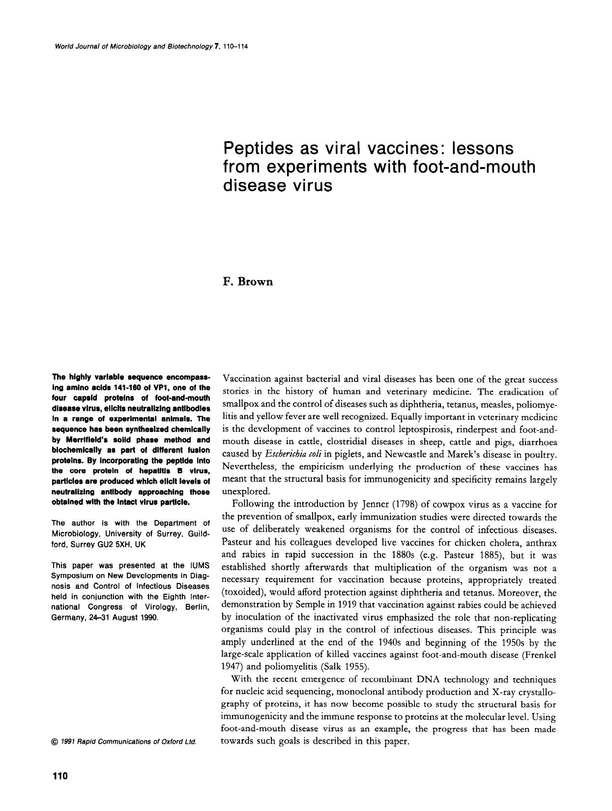 Peptides as viral vaccines: lessons from experiments with foot-and-mouth disease virus by Unknown