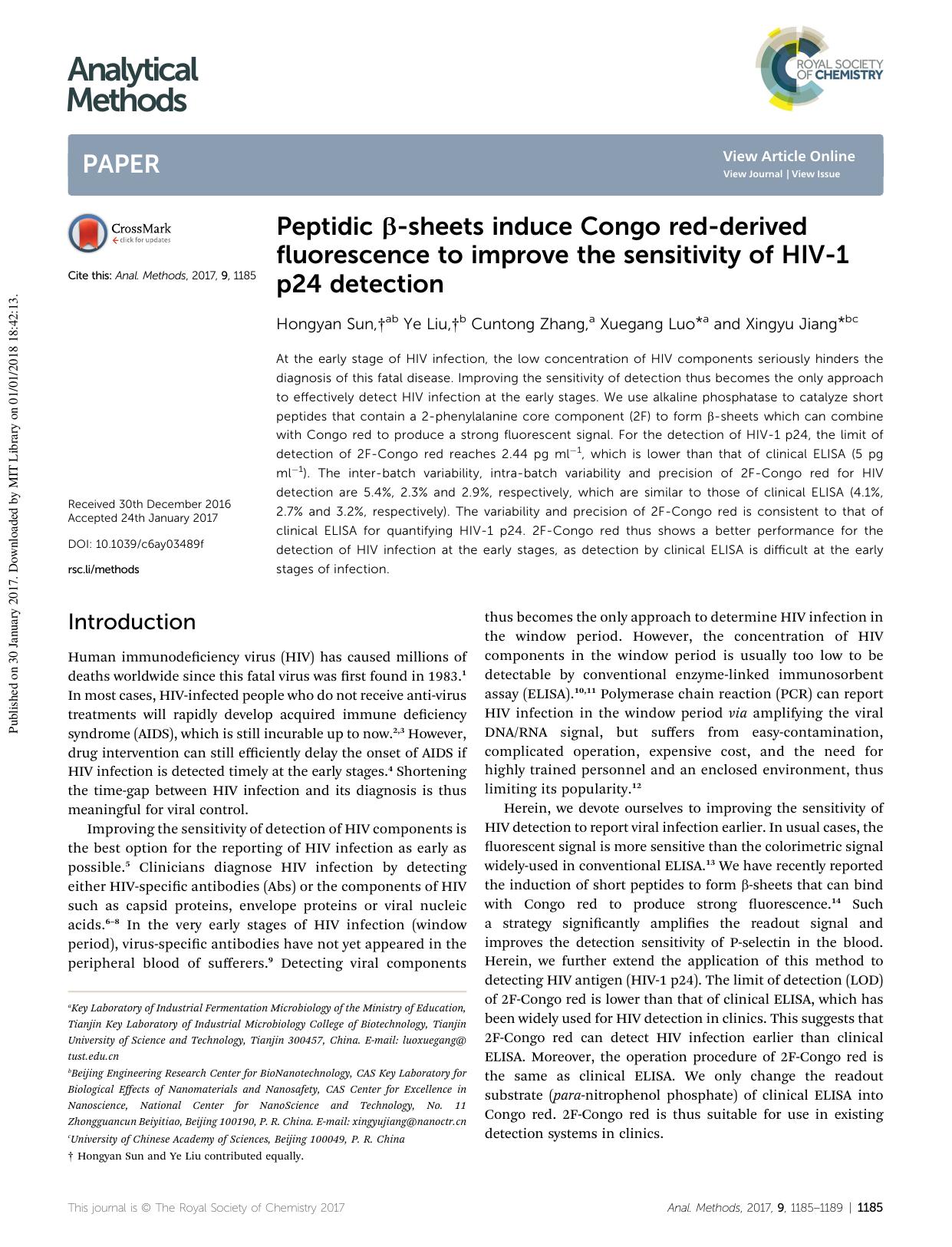 Peptidic Î²-sheets induce Congo red-derived fluorescence to improve the sensitivity of HIV-1 p24 detection by Hongyan Sun & Ye Liu & Cuntong Zhang & Xuegang Luo & Xingyu Jiang