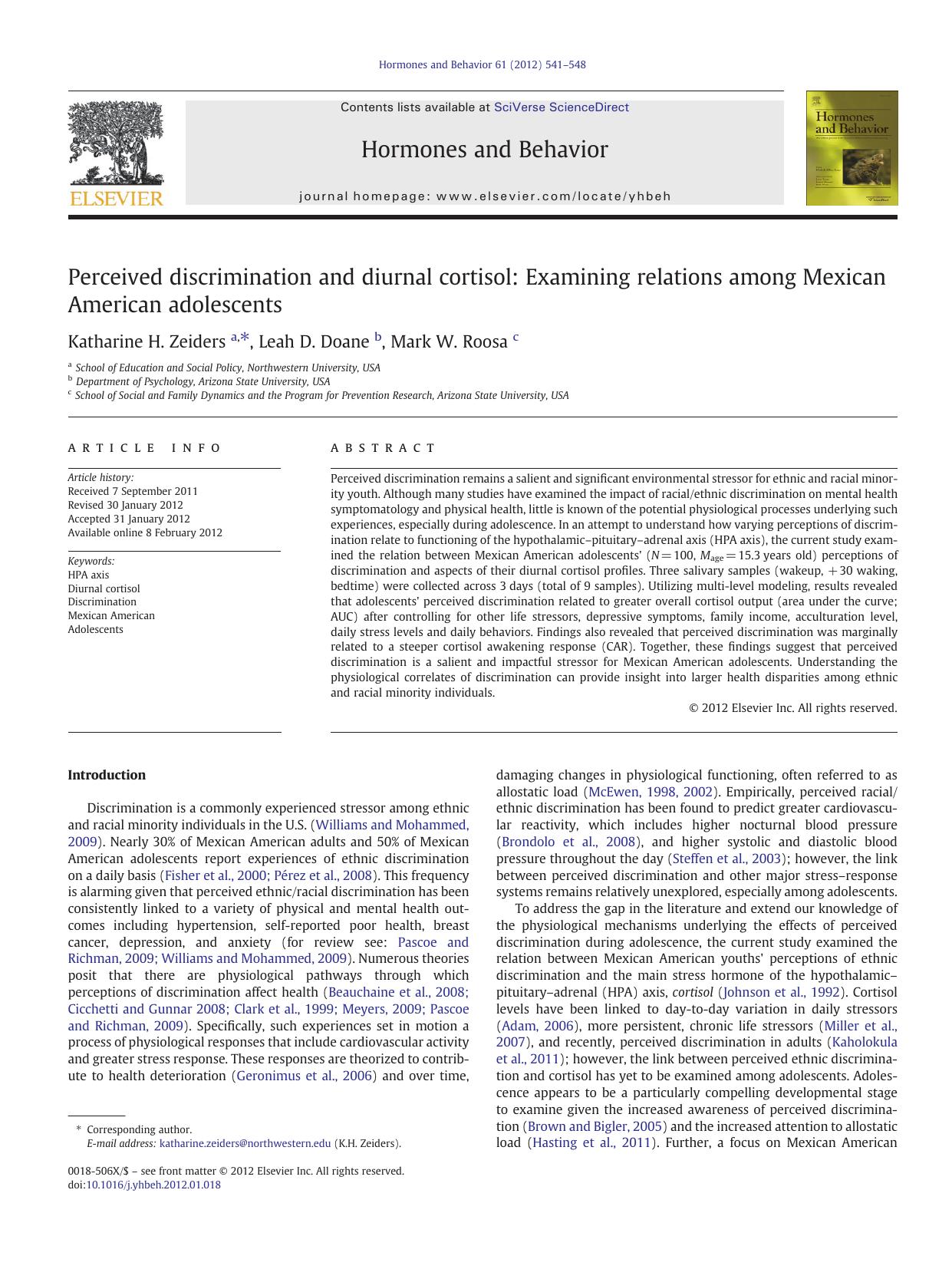 Perceived discrimination and diurnal cortisol: Examining relations among Mexican American adolescents by Katharine H. Zeiders & Leah D. Doane & Mark W. Roosa