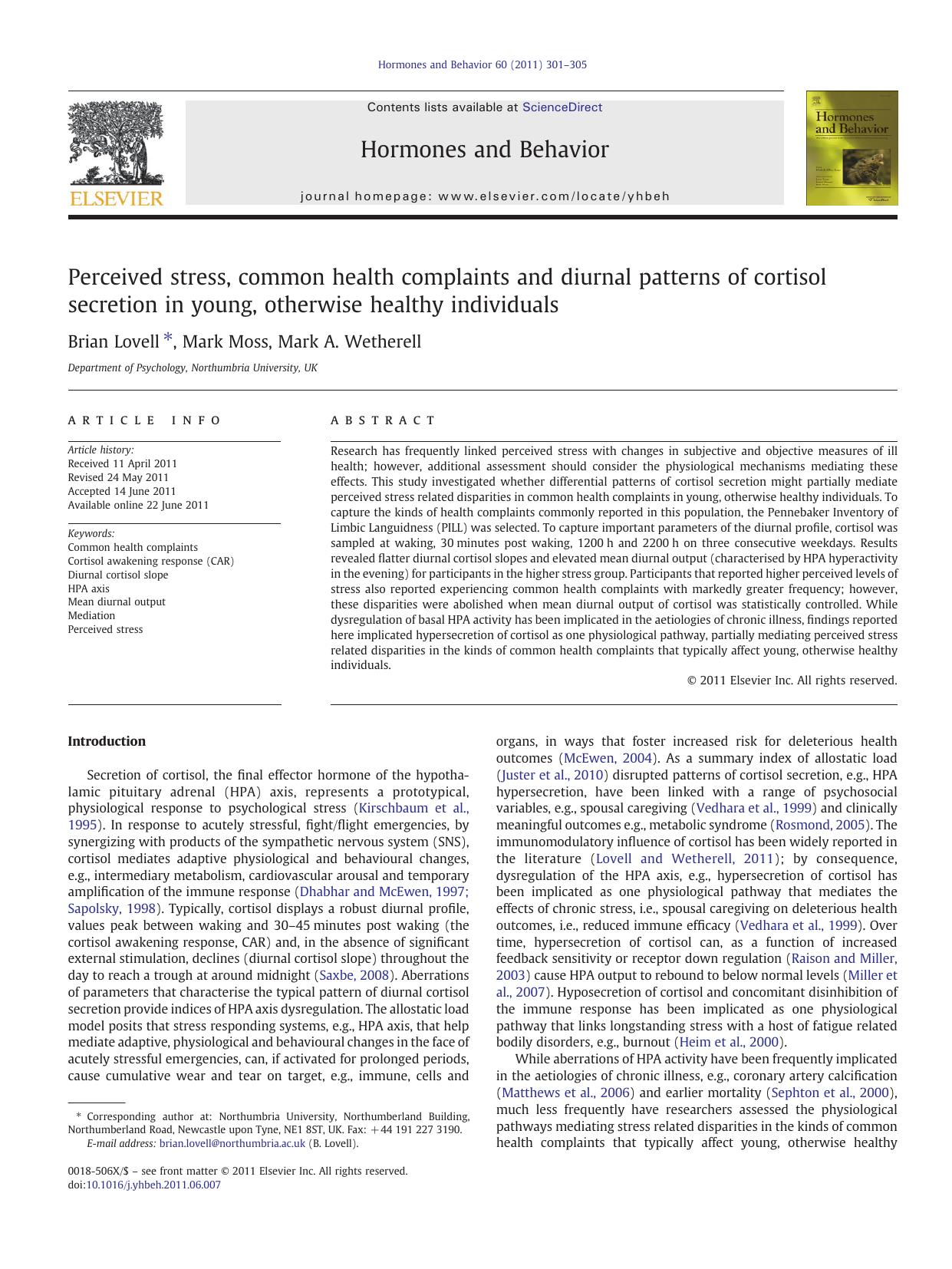 Perceived stress, common health complaints and diurnal patterns of cortisol secretion in young, otherwise healthy individuals by Brian Lovell & Mark Moss & Mark A. Wetherell