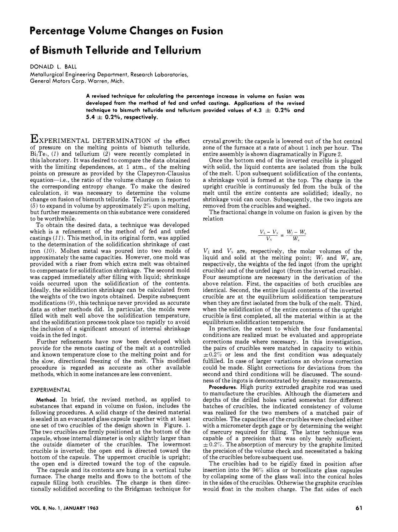 Percentage Volume Changes on Fusion of Bismuth Telluride and Tellurium. by Donald L. Ball