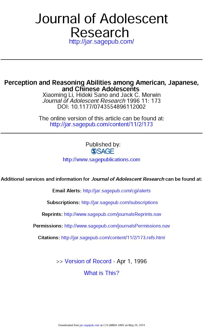 Perception and Reasoning Abilities among American, Japanese, and Chinese Adolescents (1996) by Xiaoming Li, Hideki Sano & Jack C. Merwin by Unknown