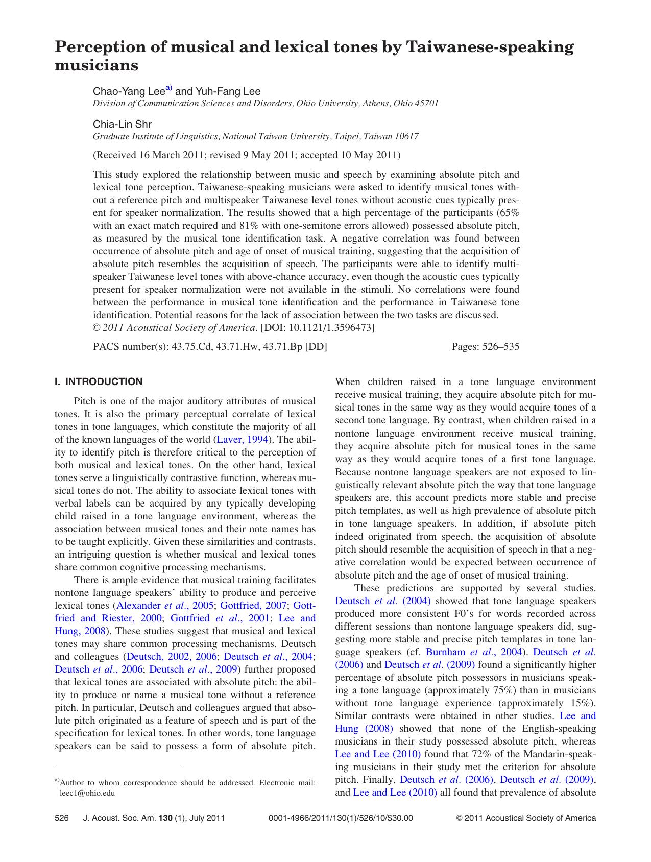 Perception of musical and lexical tones by Taiwanese-speaking musicians by Chao-Yang Lee Yuh-Fang Lee and Chia-Lin Shr