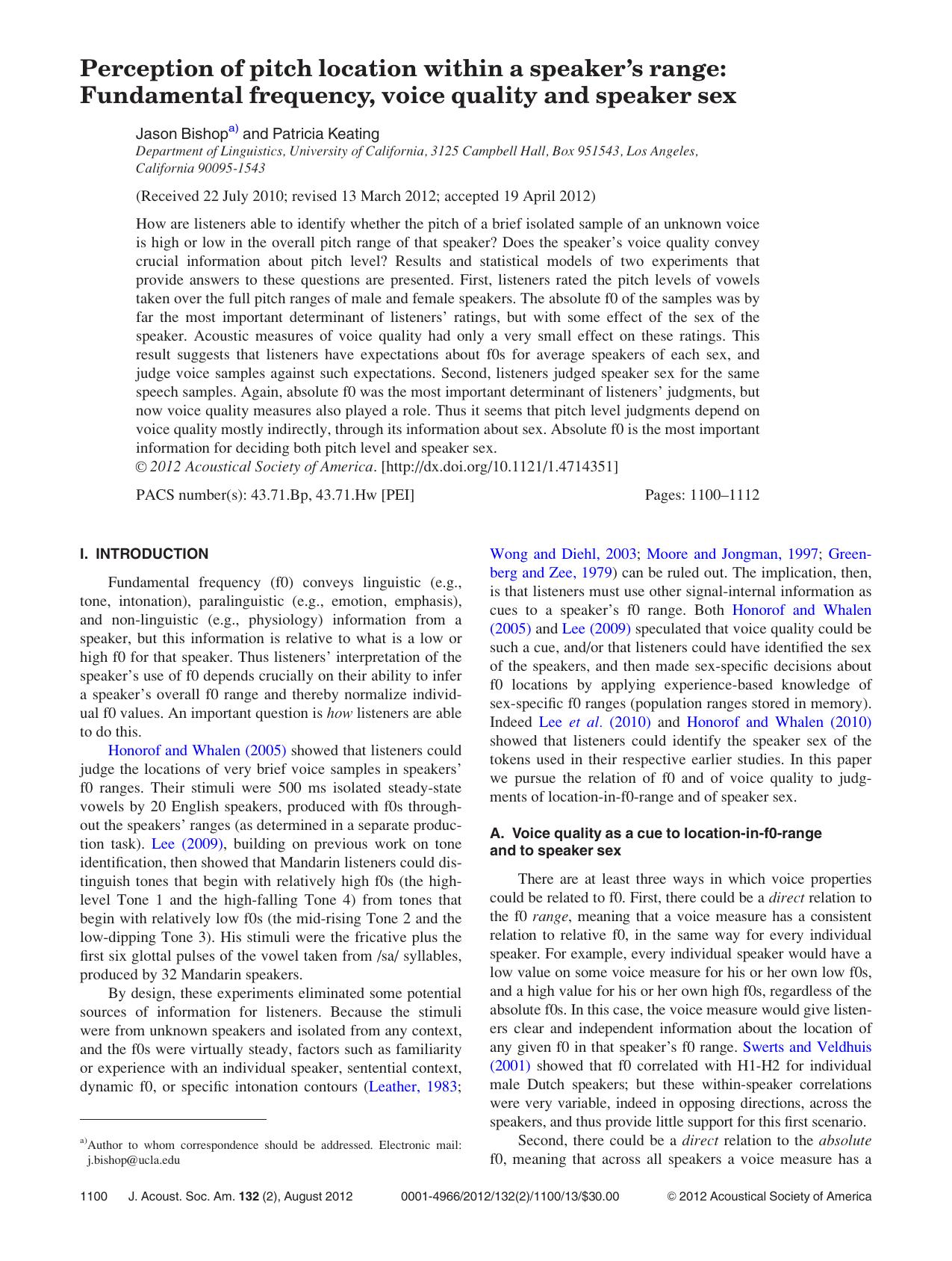 Perception of pitch location within a speaker’s range: Fundamental frequency, voice quality and speaker sex by Jason Bishopa) and Patricia Keating