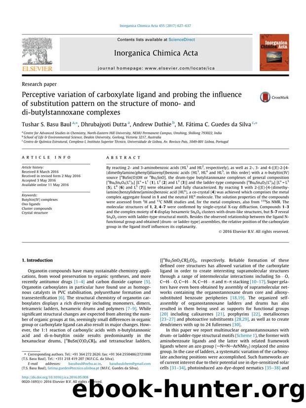 Perceptive variation of carboxylate ligand and probing the influence of substitution pattern on the structure of mono- and di-butylstannoxane complexes by Tushar S. Basu Baul & Dhrubajyoti Dutta & Andrew Duthie & M. Fátima C. Guedes da Silva