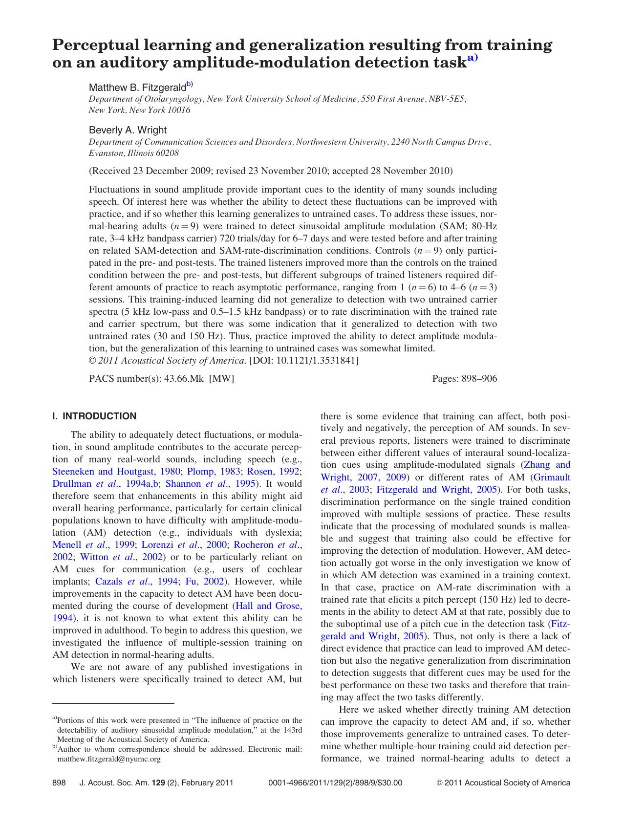 Perceptual learning and generalization resulting from training on an auditory amplitude-modulation detection task by Matthew B. Fitzgerald & Beverly A. Wright