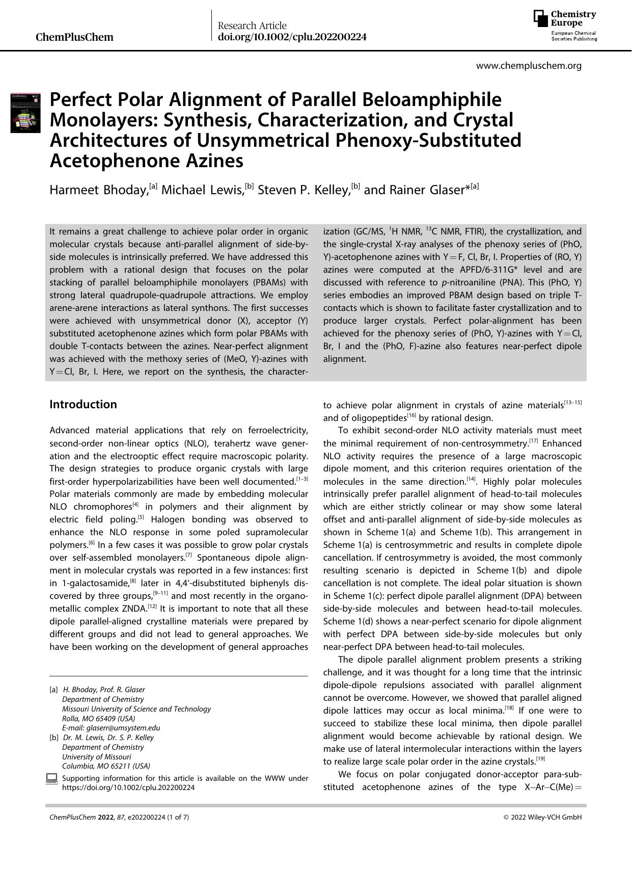 Perfect Polar Alignment of Parallel Beloamphiphile Monolayers: Synthesis, Characterization, and Crystal Architectures of Unsymmetrical PhenoxyâSubstituted Acetophenone Azines by Unknown