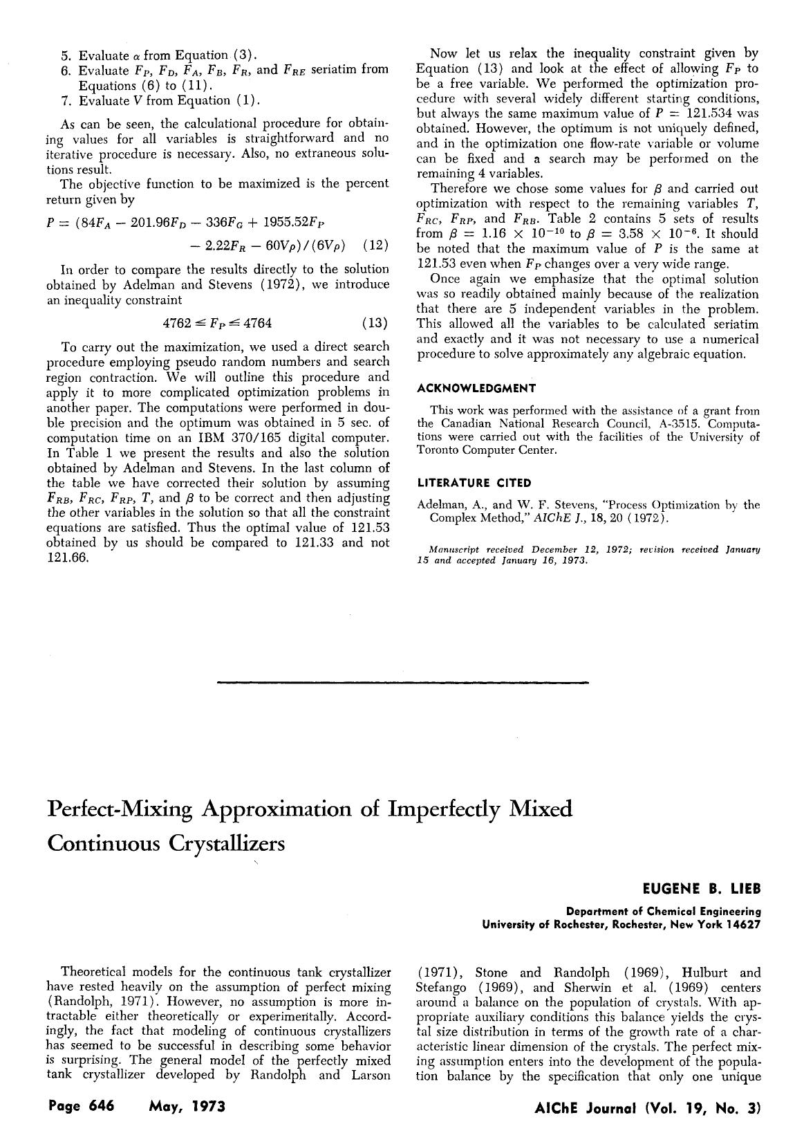 Perfect-mixing approximation of imperfectly mixed continuous crystallizers by Unknown
