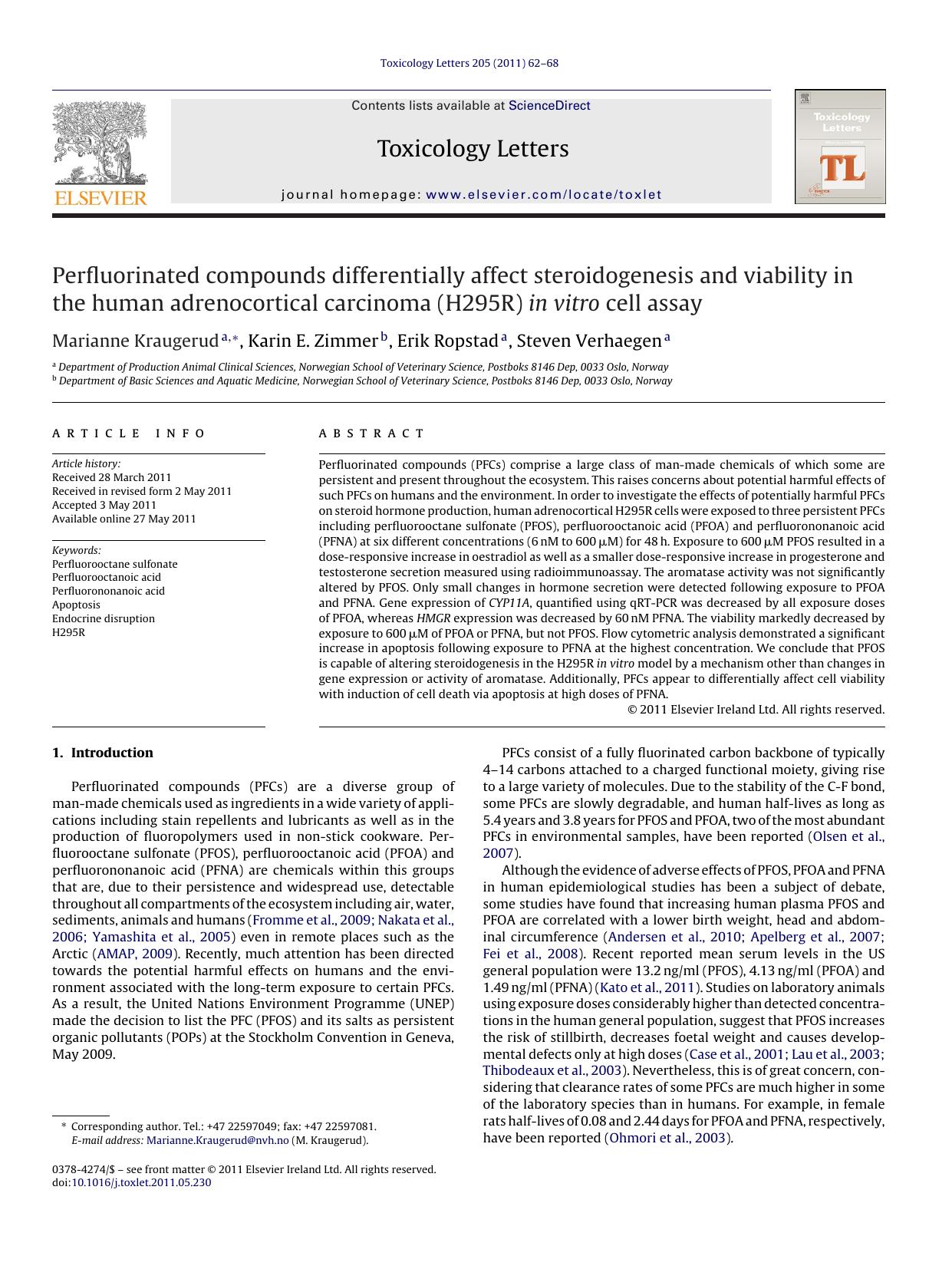 Perfluorinated compounds differentially affect steroidogenesis and viability in the human adrenocortical carcinoma (H295R) in vitro cell assay by Marianne Kraugerud