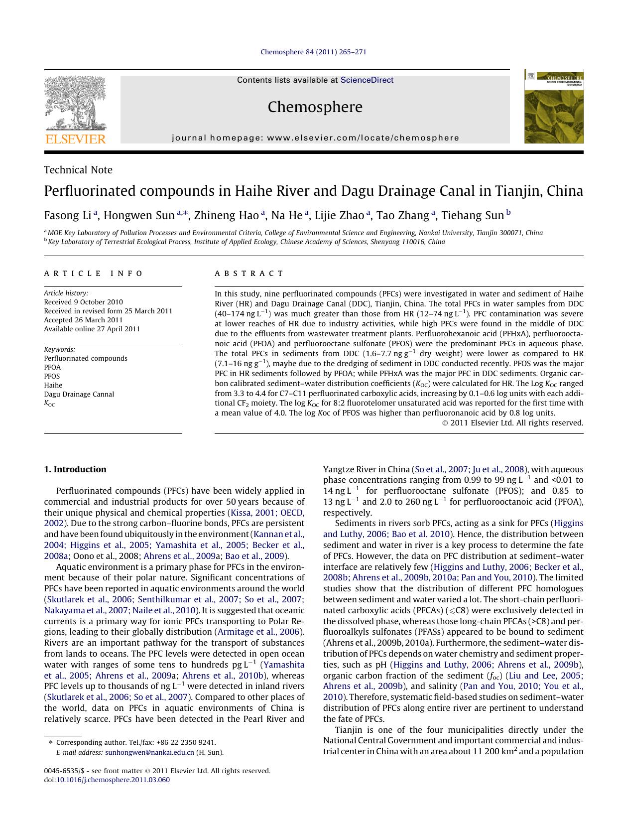 Perfluorinated compounds in Haihe River and Dagu Drainage Canal in Tianjin, China by Fasong Li & Hongwen Sun & Zhineng Hao & Na He & Lijie Zhao & Tao Zhang & Tiehang Sun