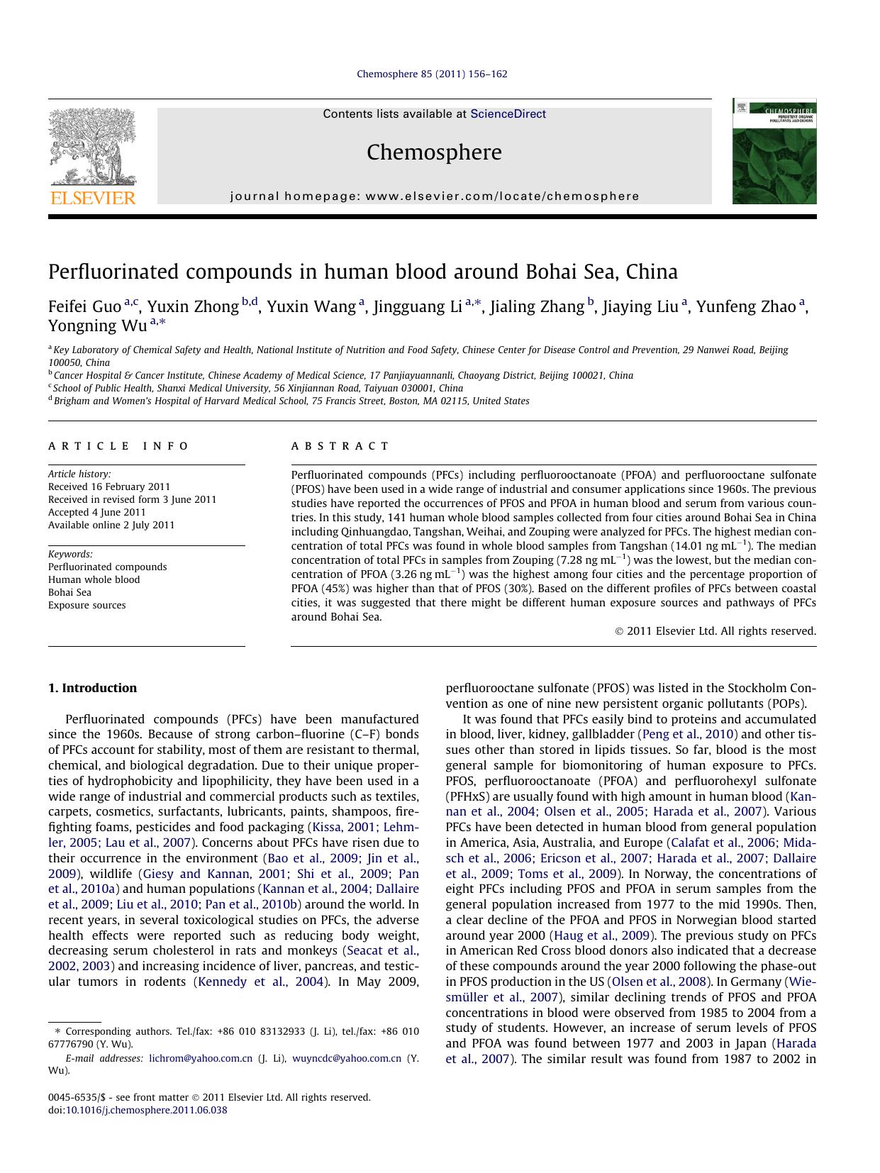Perfluorinated compounds in human blood around Bohai Sea, China by unknow