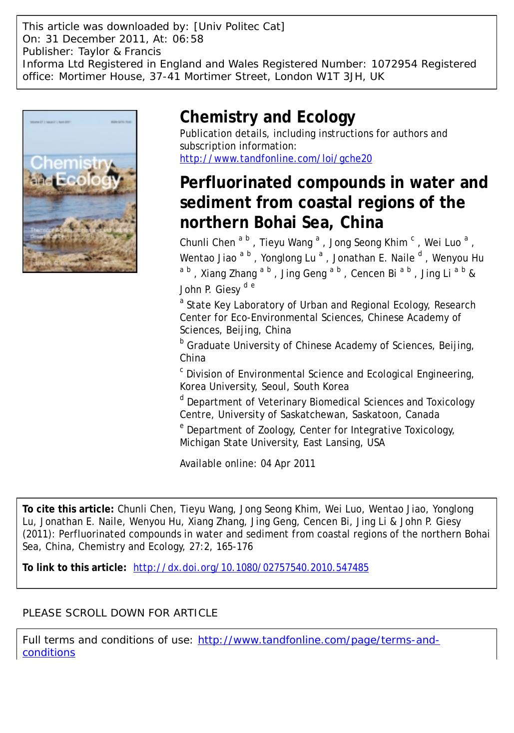 Perfluorinated compounds in water and sediment from coastal regions of the northern Bohai Sea, China by unknow