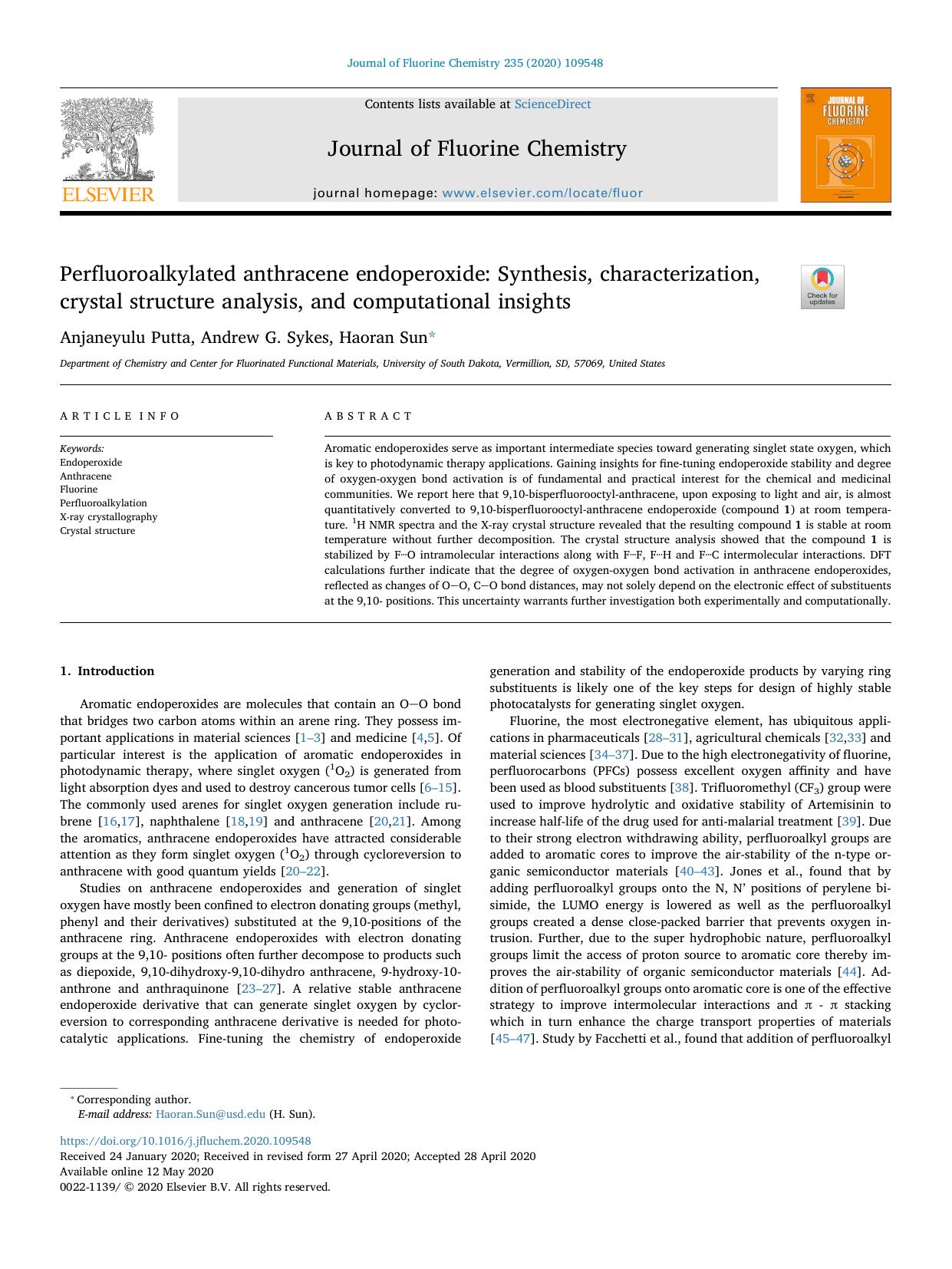 Perfluoroalkylated anthracene endoperoxide_ Synthesis, characterization, crystal structure analysis, and computational insights by Anjaneyulu Putta & Andrew G. Sykes & Haoran Sun