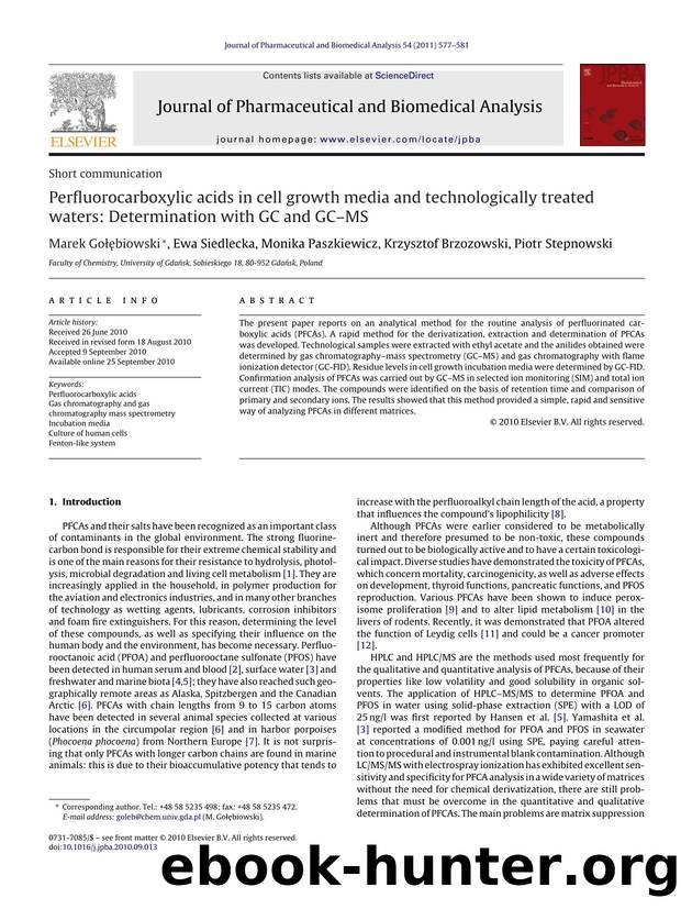Perfluorocarboxylic acids in cell growth media and technologically treated waters: Determination with GC and GCÃ¢â¬âMS by Marek GoÅ‚Ä™biowski