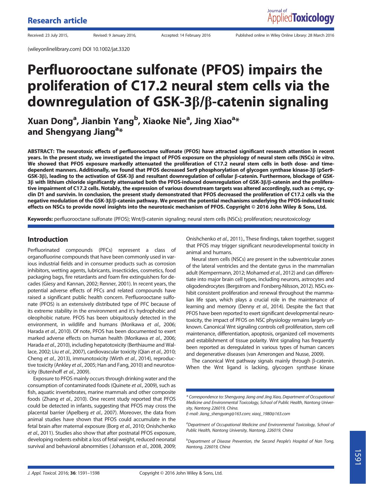 Perfluorooctane sulfonate (PFOS) impairs the proliferation of C17.2 neural stem cells via the downregulation of GSK-3-catenin signaling by Xuan Dong Jianbin Yang Xiaoke Nie Jing Xiao Shengyang Jiang