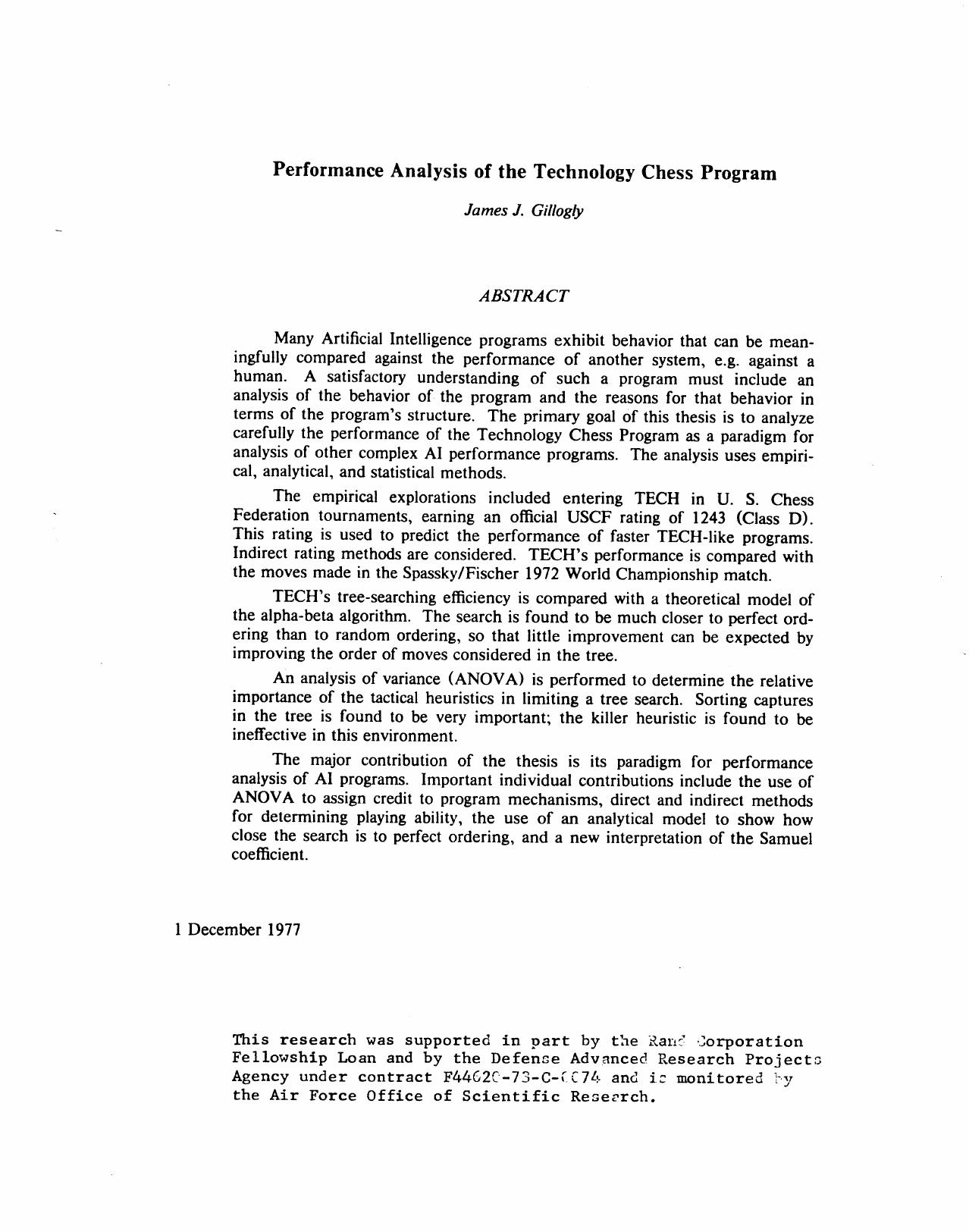 Performance Analysis of the Technology Chess Program. by James J. Gillogly