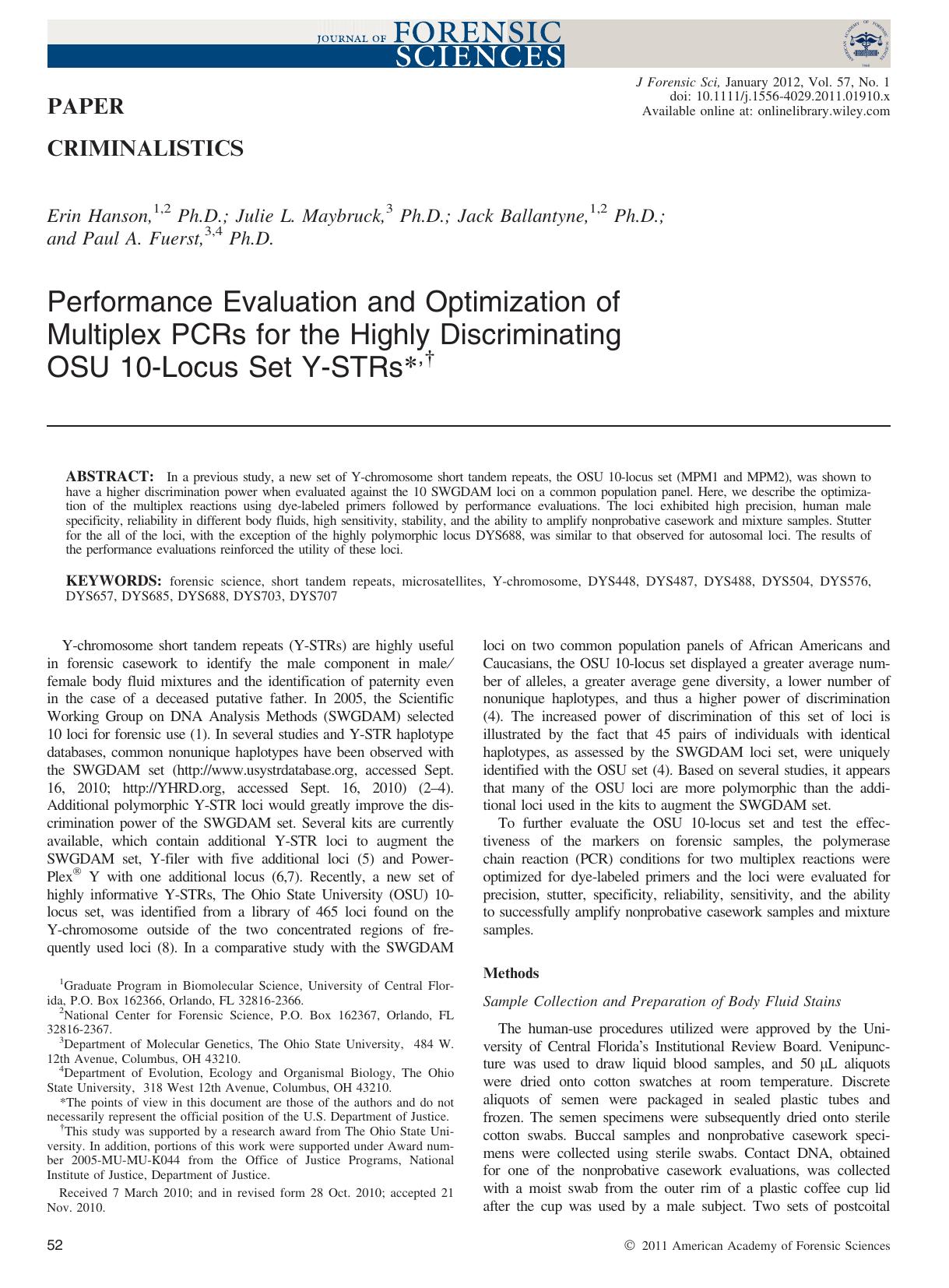 Performance Evaluation and Optimization of Multiplex PCRs for the Highly Discriminating OSU 10Locus Set YSTRs, by Unknown