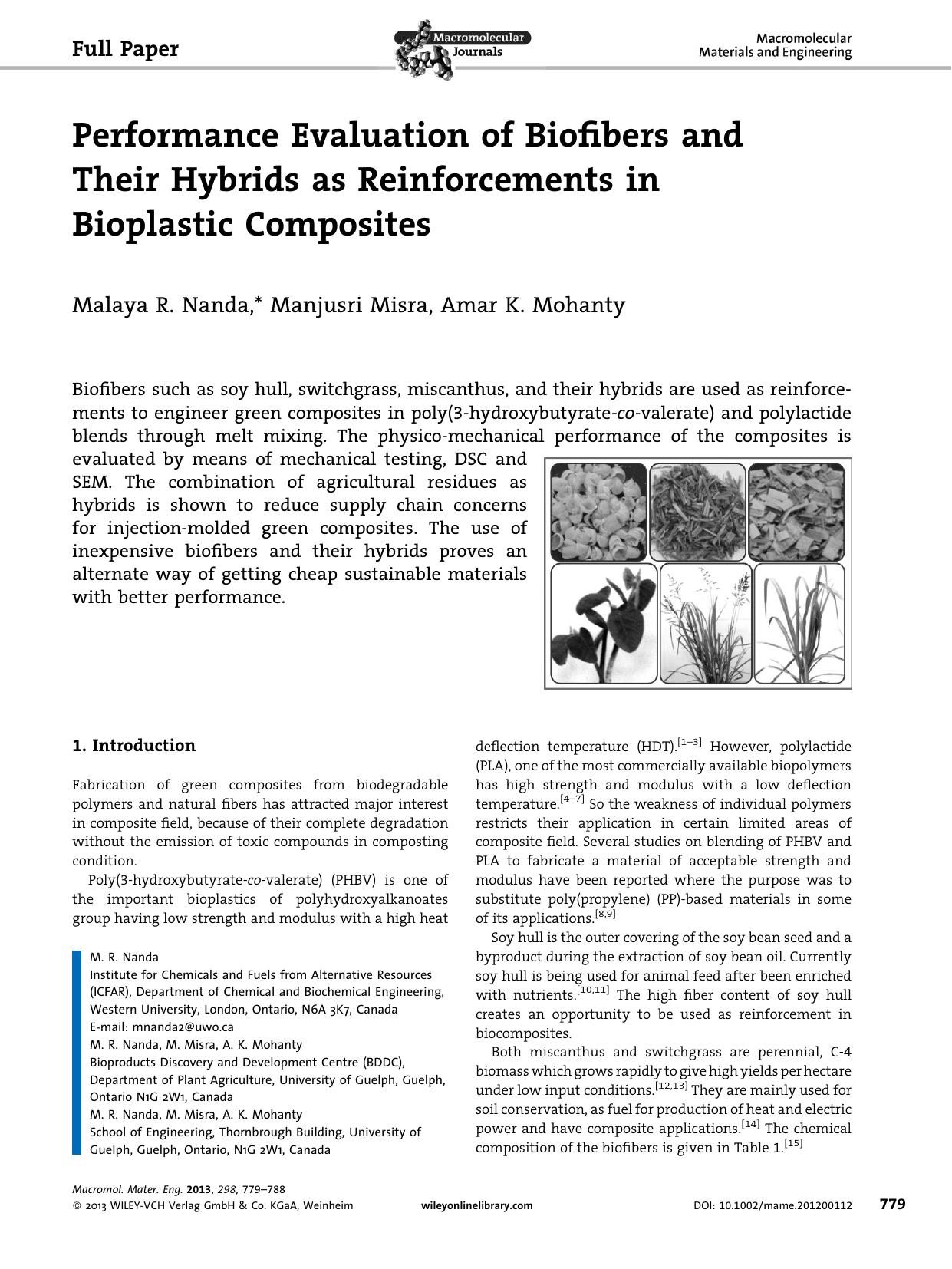 Performance Evaluation of Biofibers and Their Hybrids as Reinforcements in Bioplastic Composites by Unknown