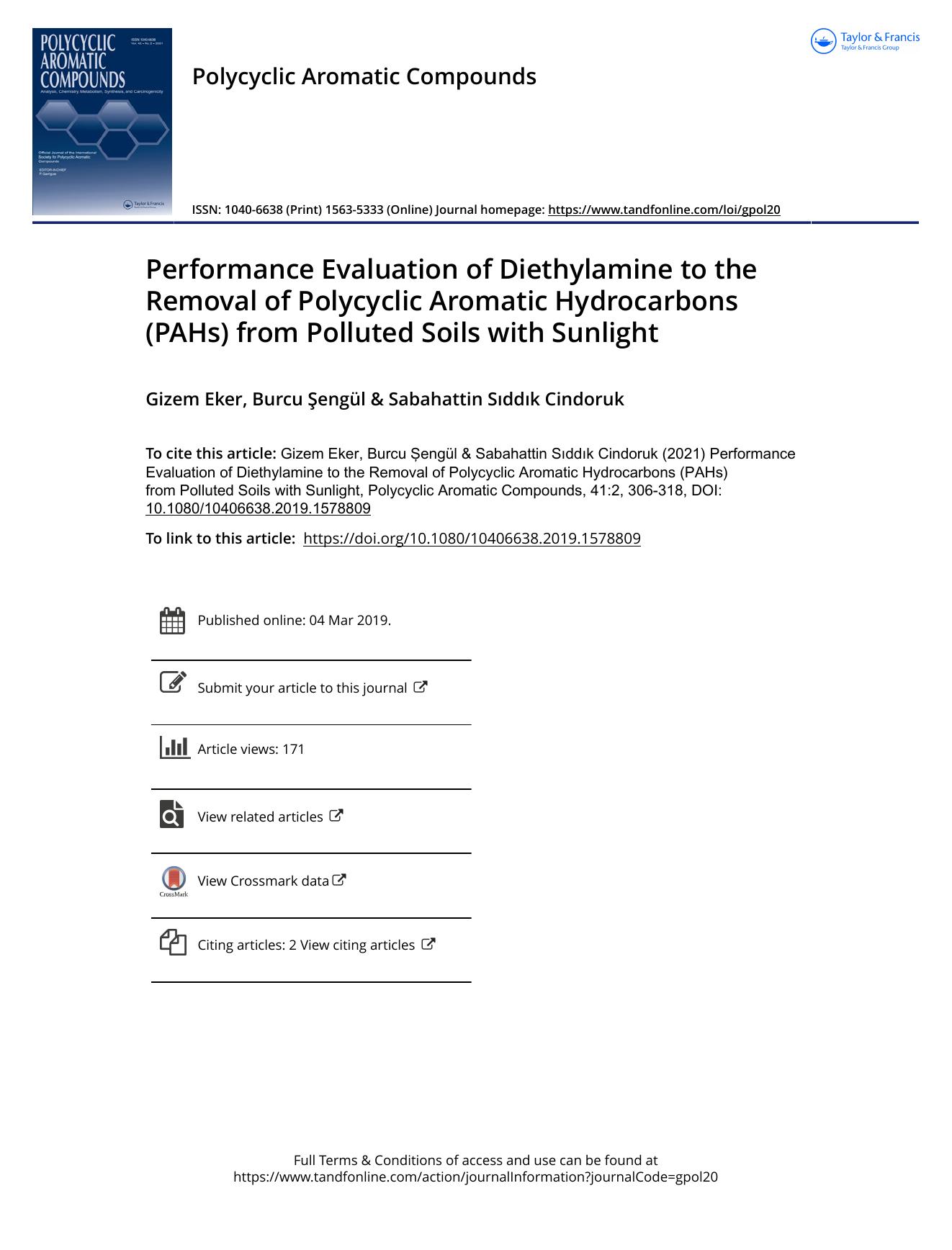Performance Evaluation of Diethylamine to the Removal of Polycyclic Aromatic Hydrocarbons (PAHs) from Polluted Soils with Sunlight by Eker Gizem & Şengül Burcu & Cindoruk Sabahattin Sıddık