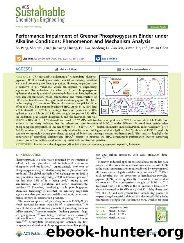 Performance Impairment of Greener Phosphogypsum Binder under Alkaline Conditions: Phenomenon and Mechanism Analysis by Bo Peng Shouwei Jian Jianxiang Huang Fei Dai Baodong Li Gao Xin Xinxin He and Jiaxuan Chen