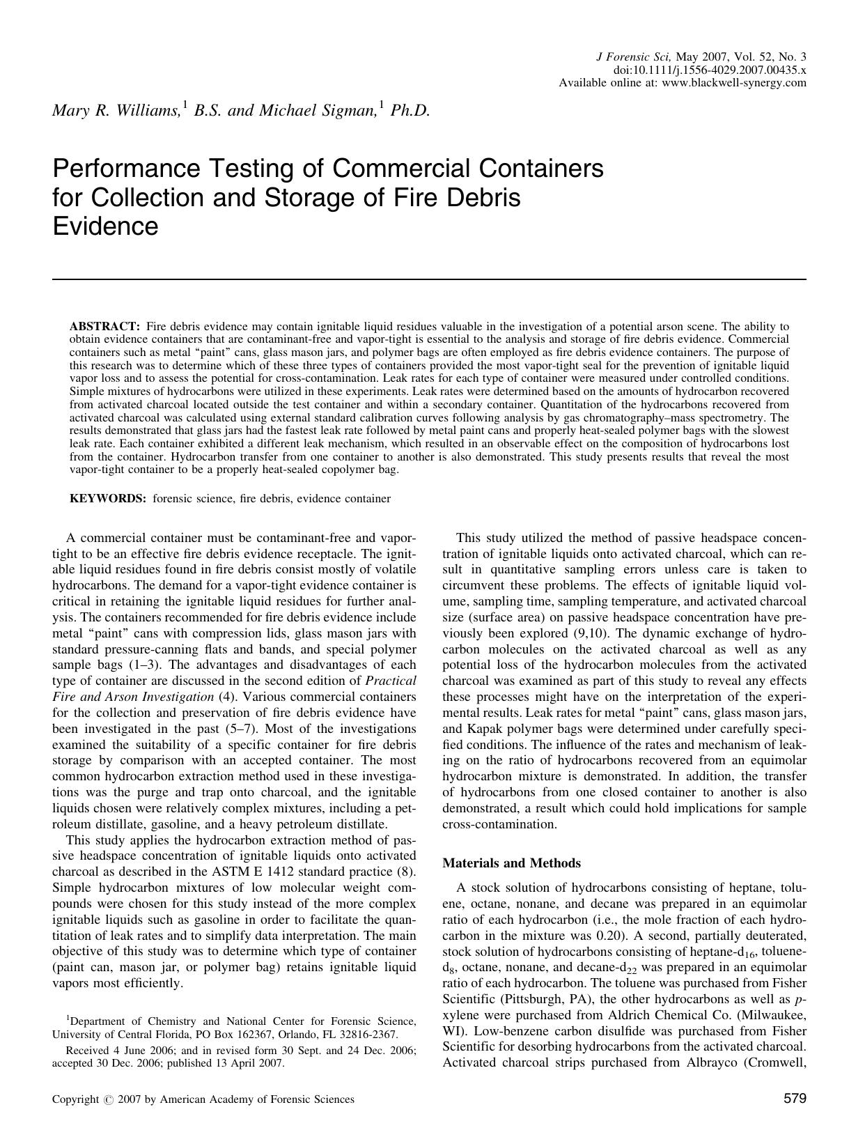 Performance Testing of Commercial Containers for Collection and Storage of Fire Debris Evidence by Unknown