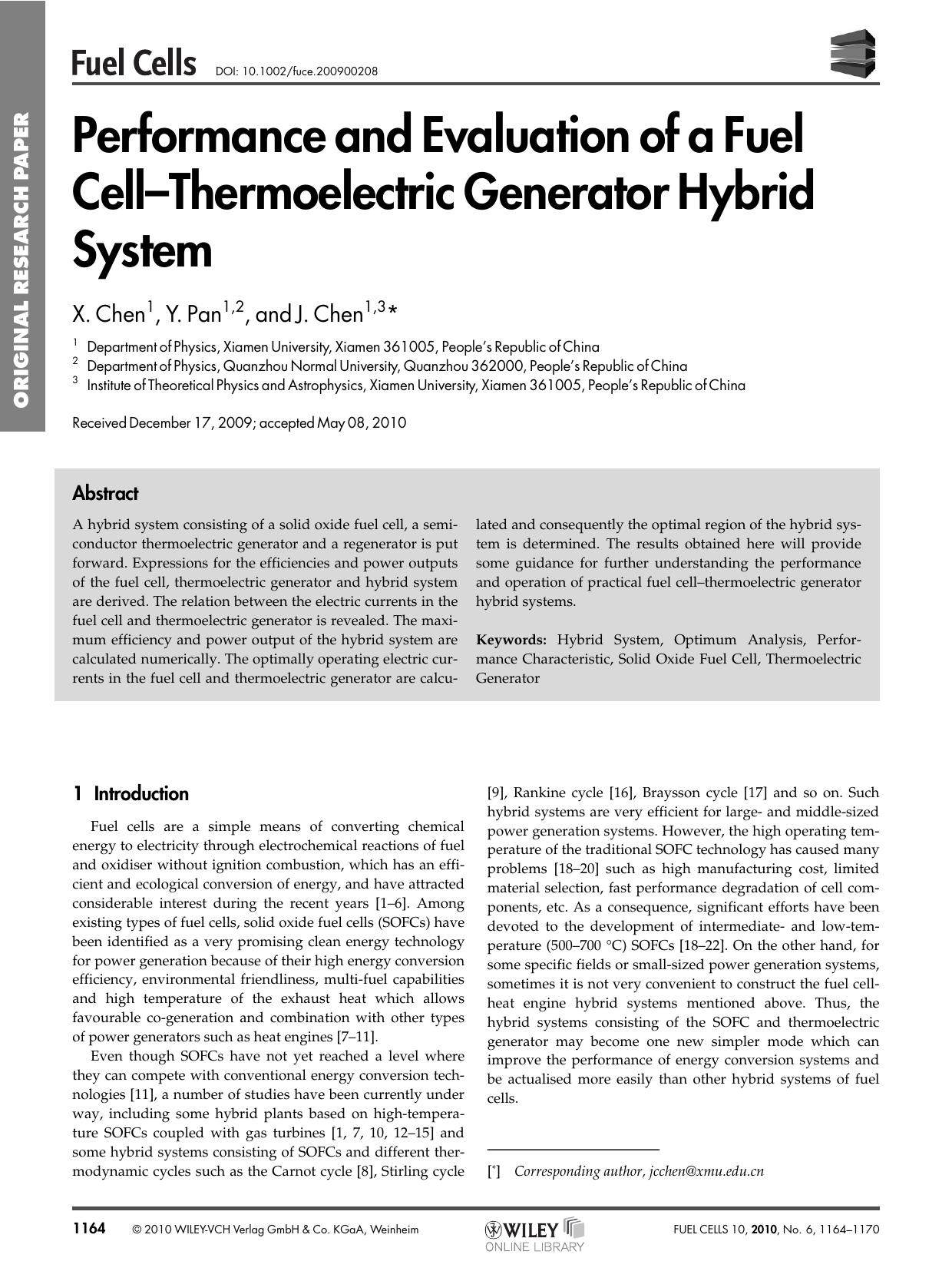 Performance and Evaluation of a Fuel CellThermoelectric Generator Hybrid System by Unknown