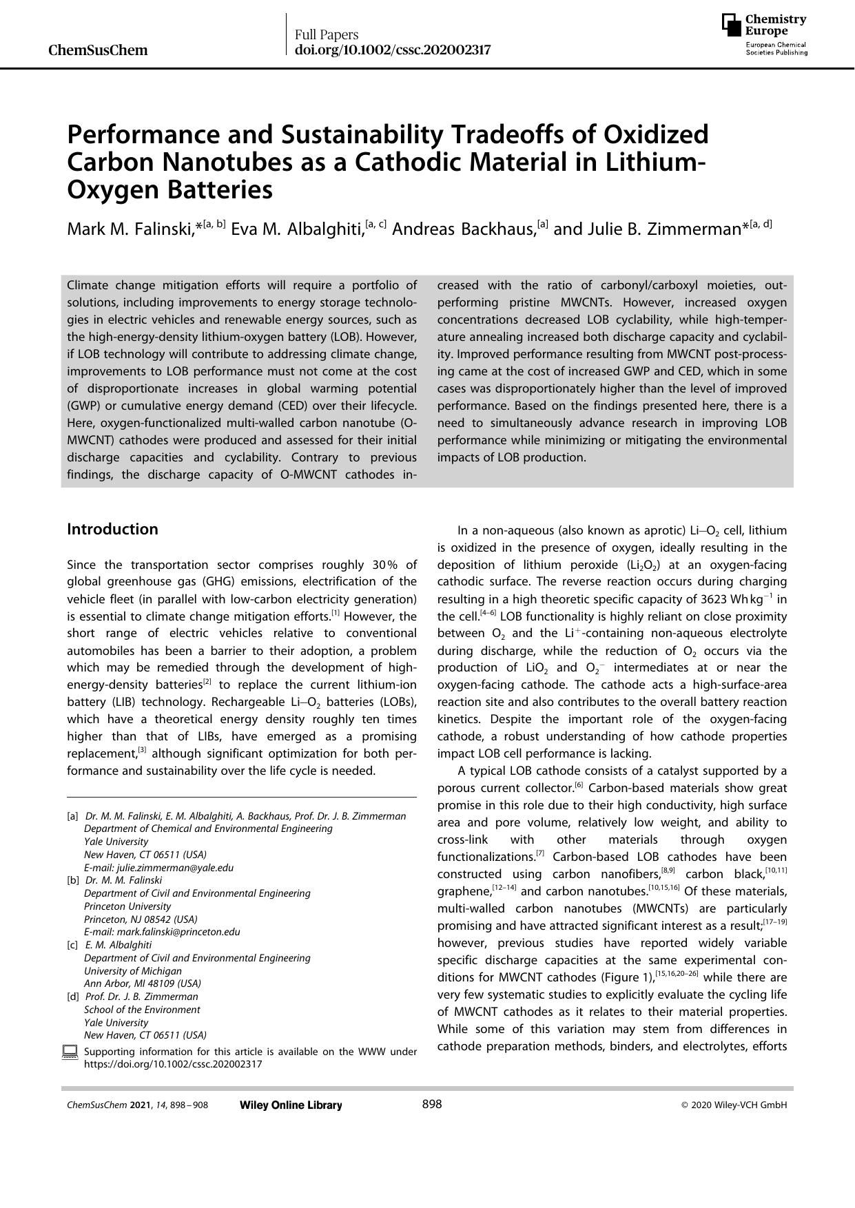Performance and Sustainability Tradeoffs of Oxidized Carbon Nanotubes as a Cathodic Material in LithiumâOxygen Batteries by Unknown