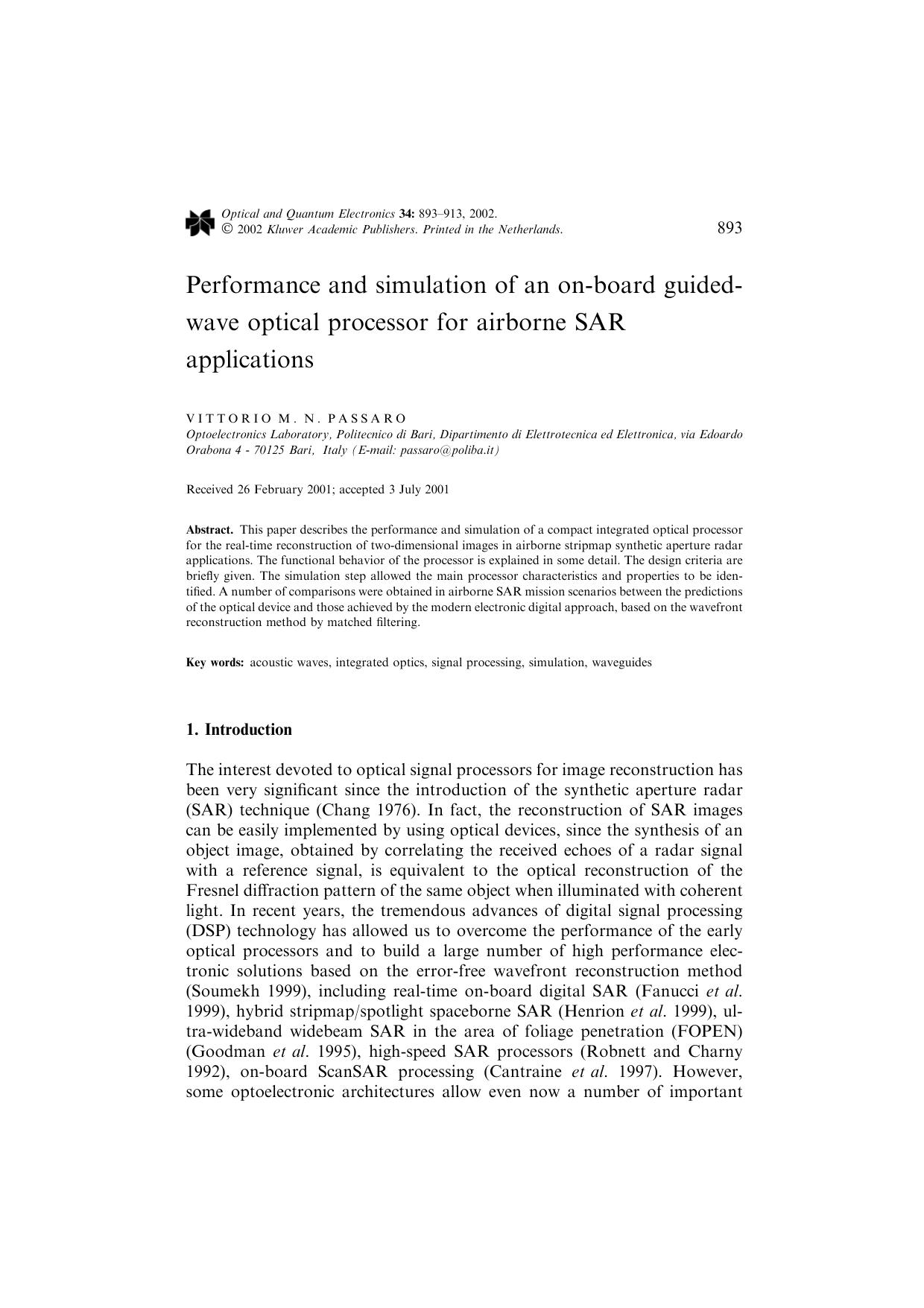 Performance and simulation of an on-board guided-wave optical processor for airborne SAR applications by Unknown