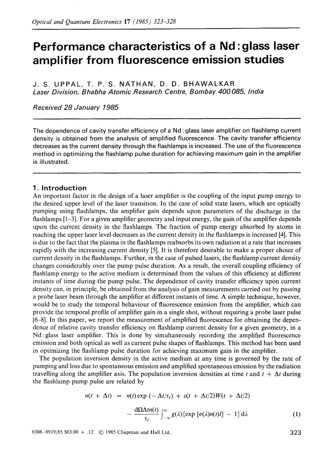 Performance characteristics of a Nd: glass laser amplifier from fluorescence emission studies by Unknown