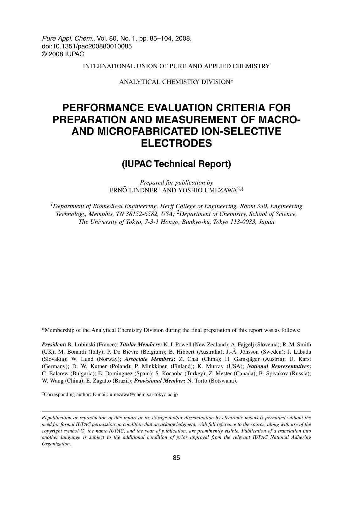 Performance evaluation criteria for preparation and measurement of macro- and microfabricated ion-selective electrodes (IUPAC Technical Report) by ErnÃ¶ Lindner & Yoshio Umezawa