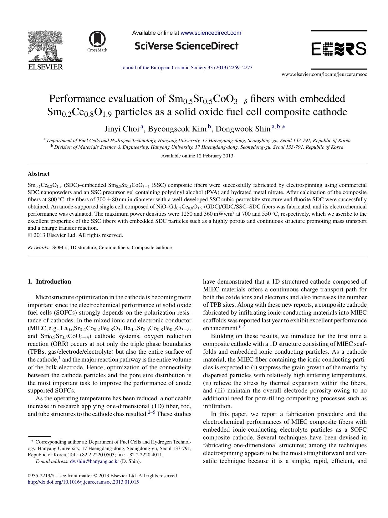 Performance evaluation of Sm0.5Sr0.5CoO3âÎ´ fibers with embedded Sm0.2Ce0.8O1.9 particles as a solid oxide fuel cell composite cathode by Jinyi Choi & Byeongseok Kim & Dongwook Shin