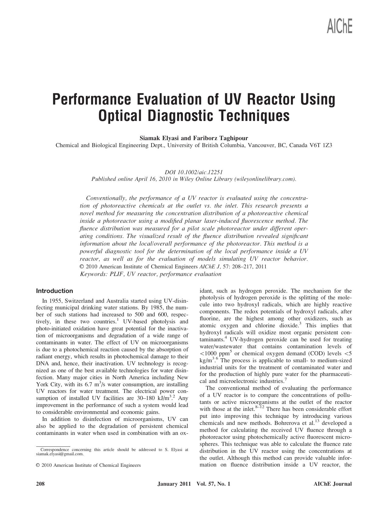 Performance evaluation of UV reactor using optical diagnostic techniques by Unknown