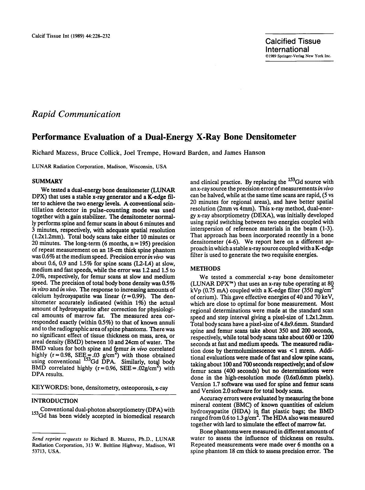 Performance evaluation of a dual-energy X-ray bone densitometer by Unknown