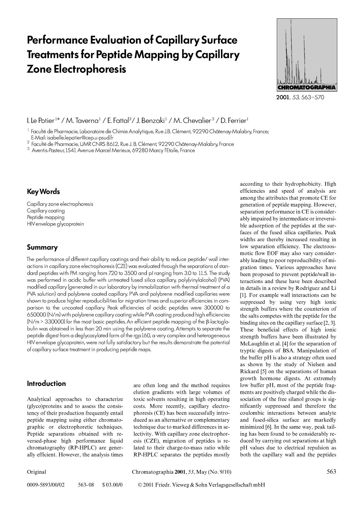 Performance evaluation of capillary surface treatments for peptide mapping by capillary zone electrophoresis by Unknown