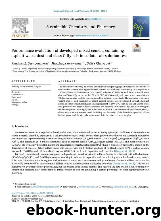 Performance evaluation of developed mixed cement containing asphalt waste dust and class-C fly ash in sulfate salt solution test by Pimchanok Sertsoongnern & Jiratchaya Ayawanna & Salisa Chaiyaput