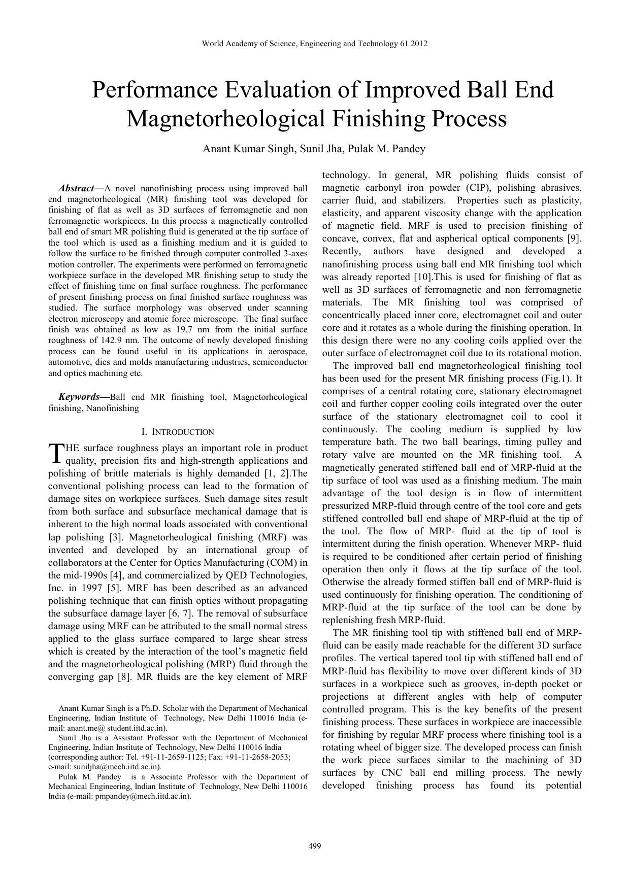 Performance evaluation of improved ball end magnetorheological finishing process by Singh A.K. Jha S. Pandey P.M