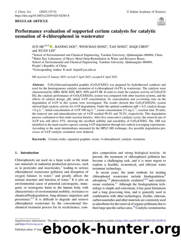 Performance evaluation of supported cerium catalysts for catalytic ozonation of 4-chlorophenol in wastewater by Jun He & Jianing Dou & Wenchao Song & Tao Song & Jiaqi Chen & Xuan Lin