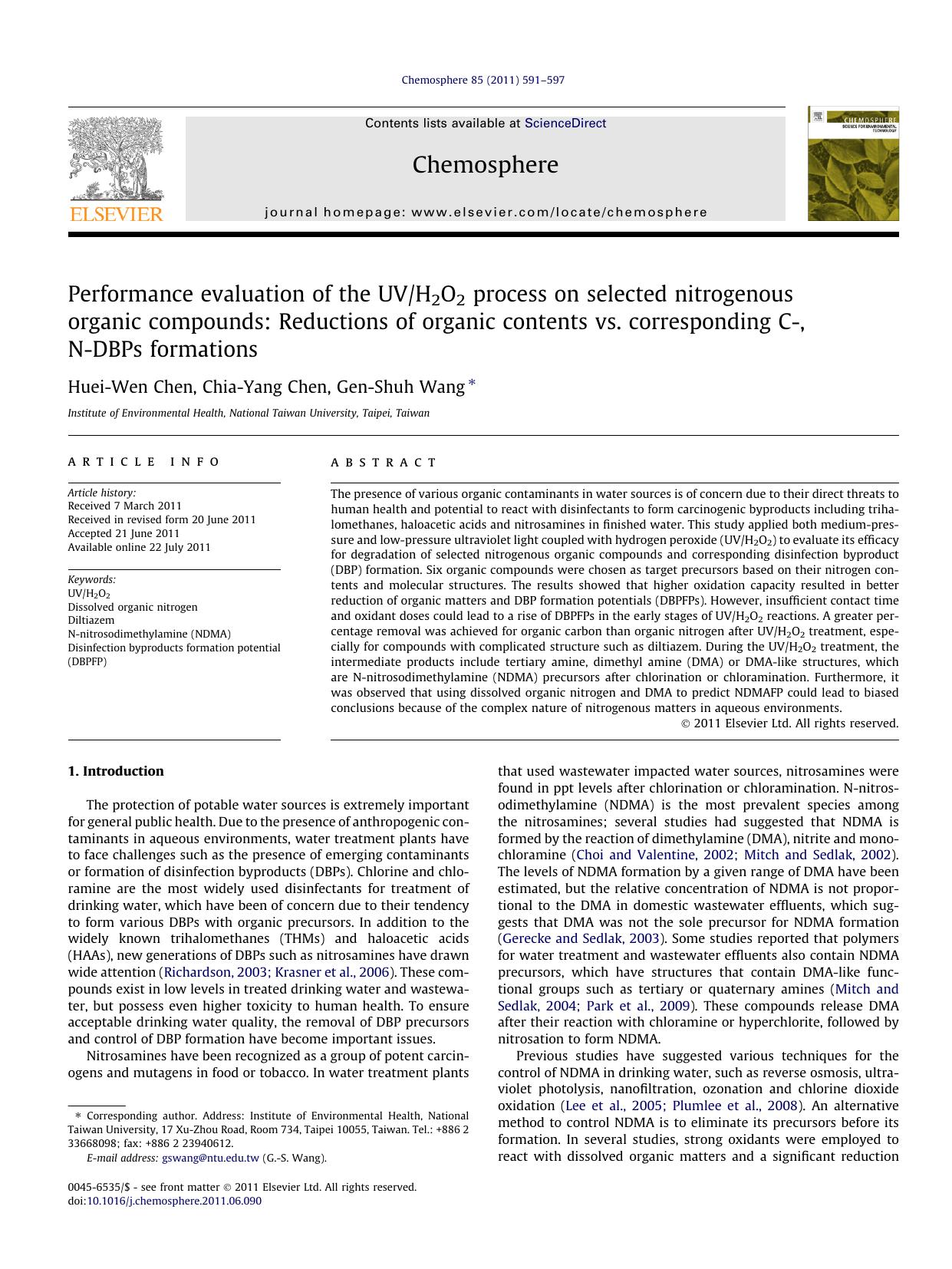 Performance evaluation of the UVH2O2 process on selected nitrogenous organic compounds: Reductions of organic contents vs. corresponding C-, N-DBPs formations by Huei-Wen Chen & Chia-Yang Chen & Gen-Shuh Wang