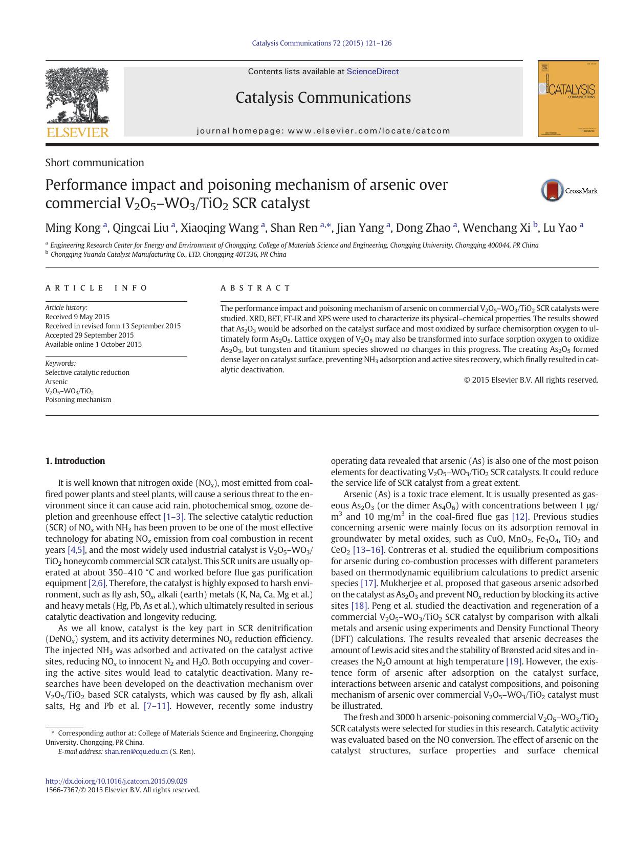 Performance impact and poisoning mechanism of arsenic over commercial V2O5âWO3TiO2 SCR catalyst by Ming Kong & Qingcai Liu & Xiaoqing Wang & Shan Ren & Jian Yang & Dong Zhao & Wenchang Xi & Lu Yao