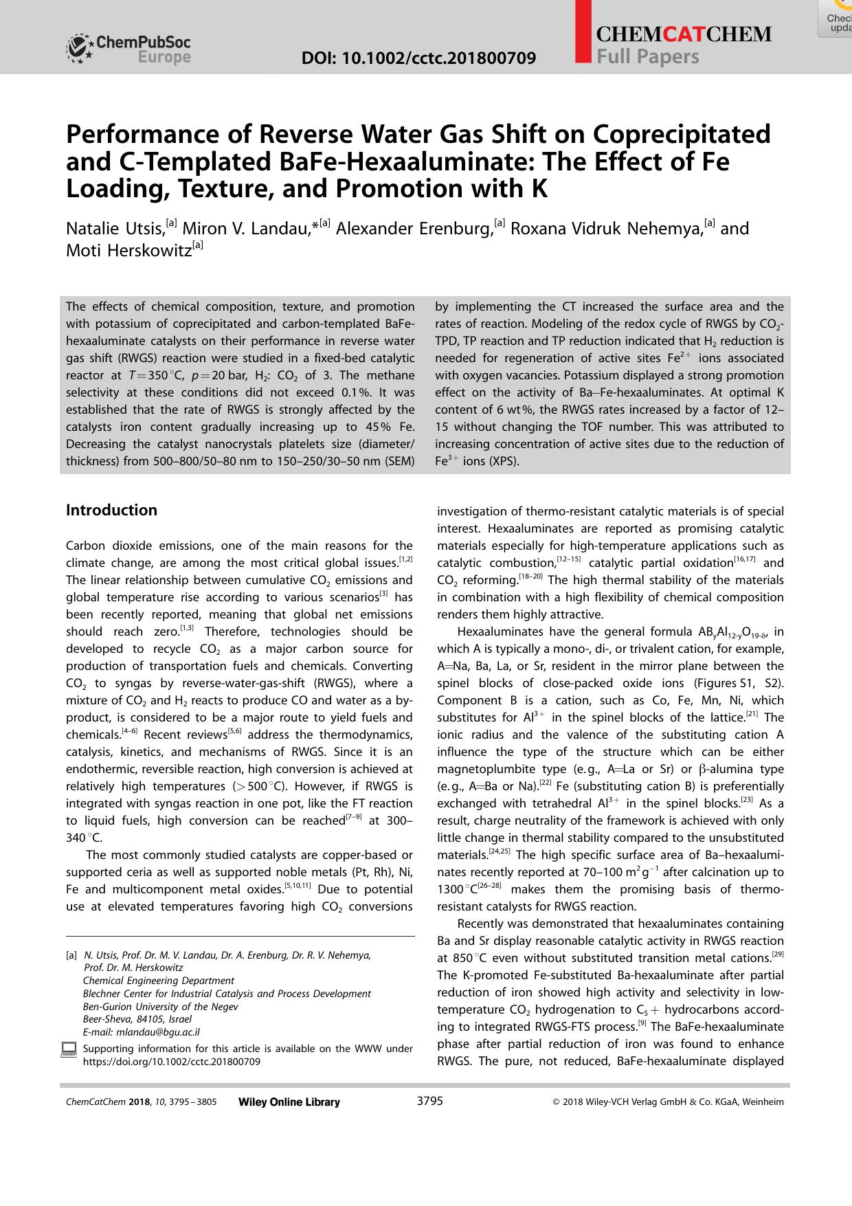 Performance of Reverse Water Gas Shift on Coprecipitated and CâTemplated BaFeâHexaaluminate: The Effect of Fe Loading, Texture, and Promotion with K by Unknown