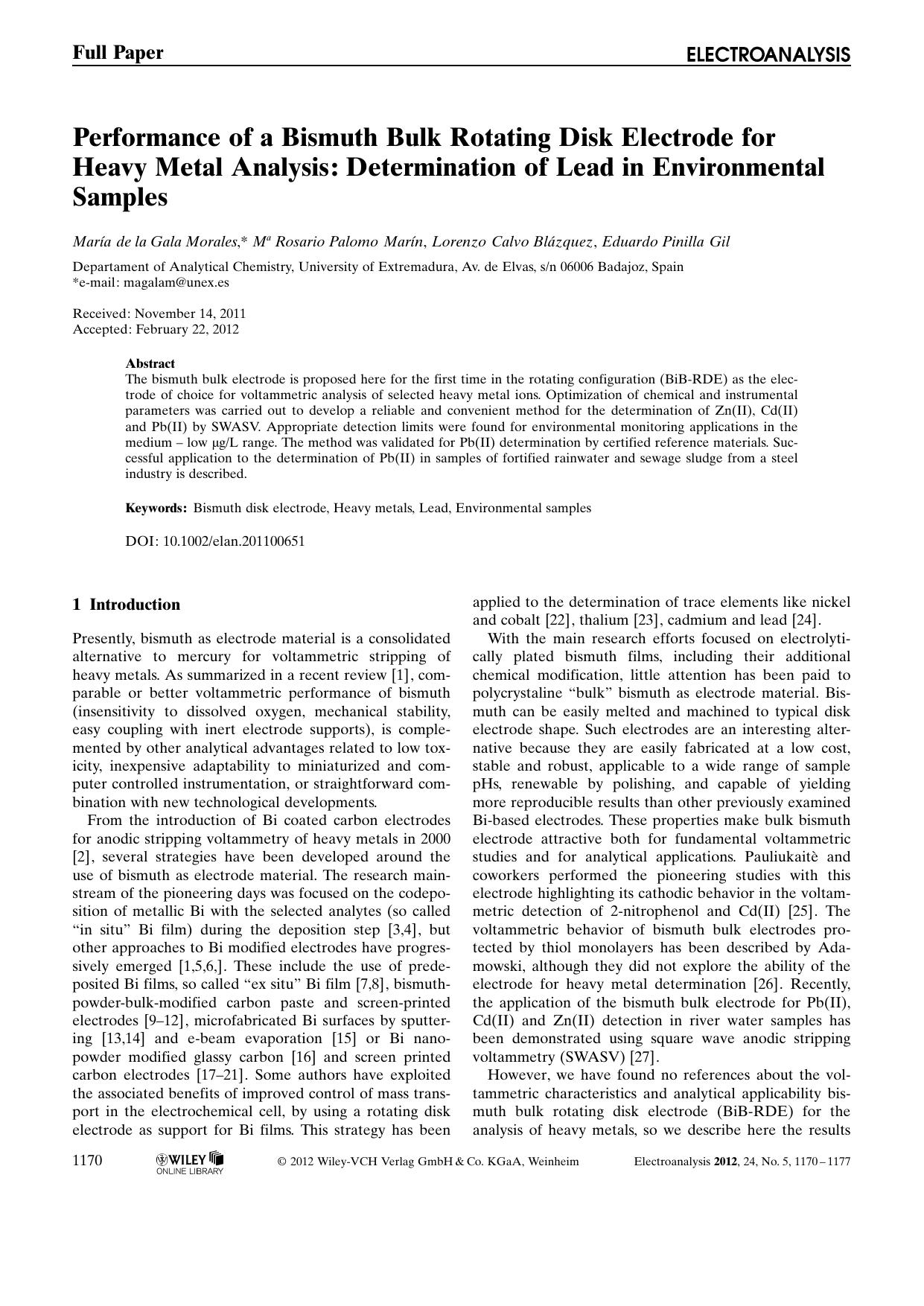 Performance of a Bismuth Bulk Rotating Disk Electrode for Heavy Metal Analysis: Determination of Lead in Environmental Samples by Unknown