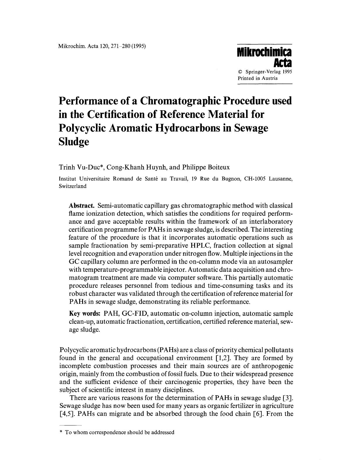 Performance of a chromatographic procedure used in the certification of reference material for polycyclic aromatic hydrocarbons in sewage sludge by Unknown